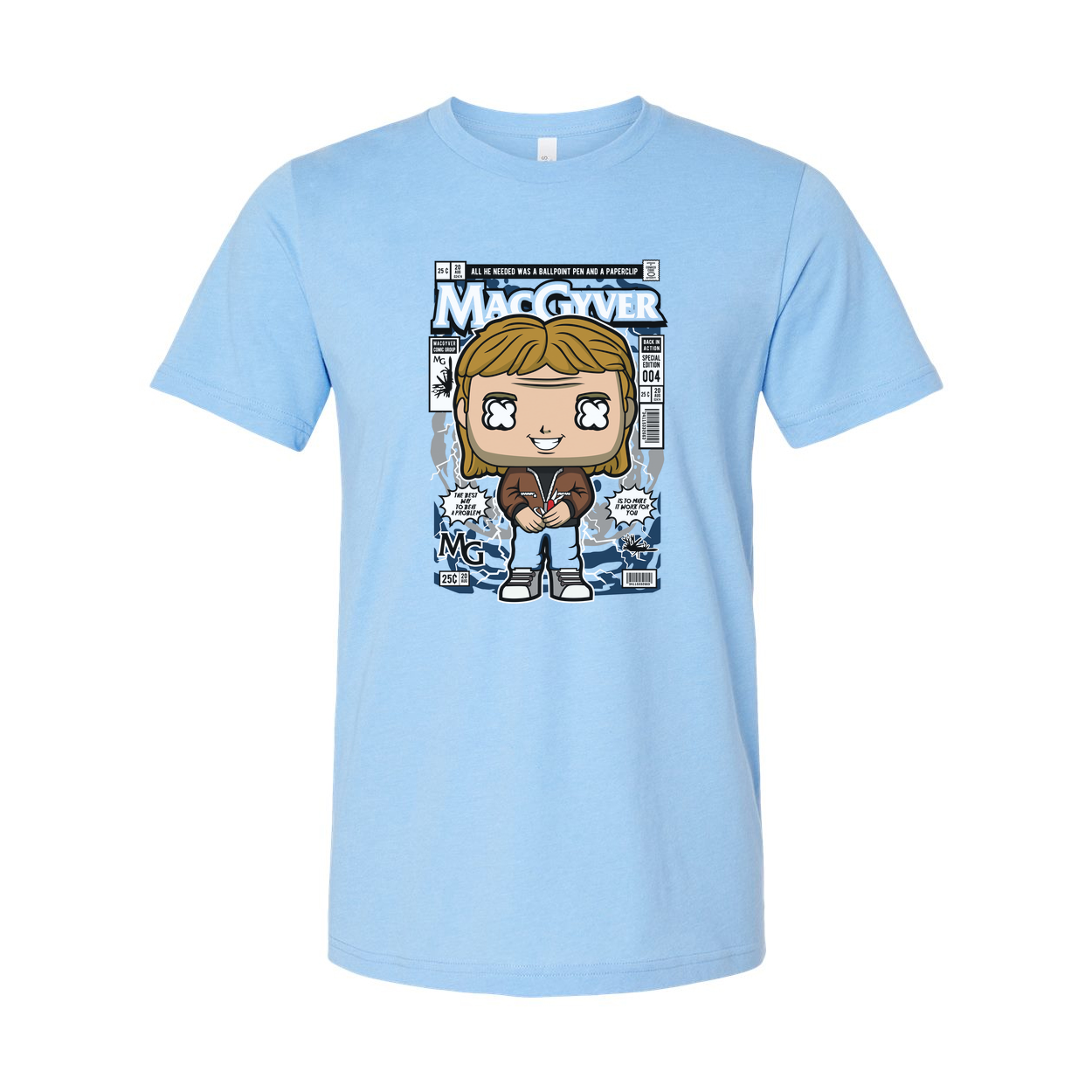 MacGyver Cartoon Style Graphic Tee For Unisex Wear With Comic Book Cover Artwork