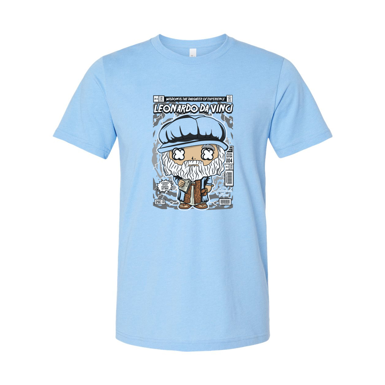 Leonardo Da Vinci Themed Unisex Graphic Tee Featuring A Cartoon Bust And Vintage Comic Panel Design