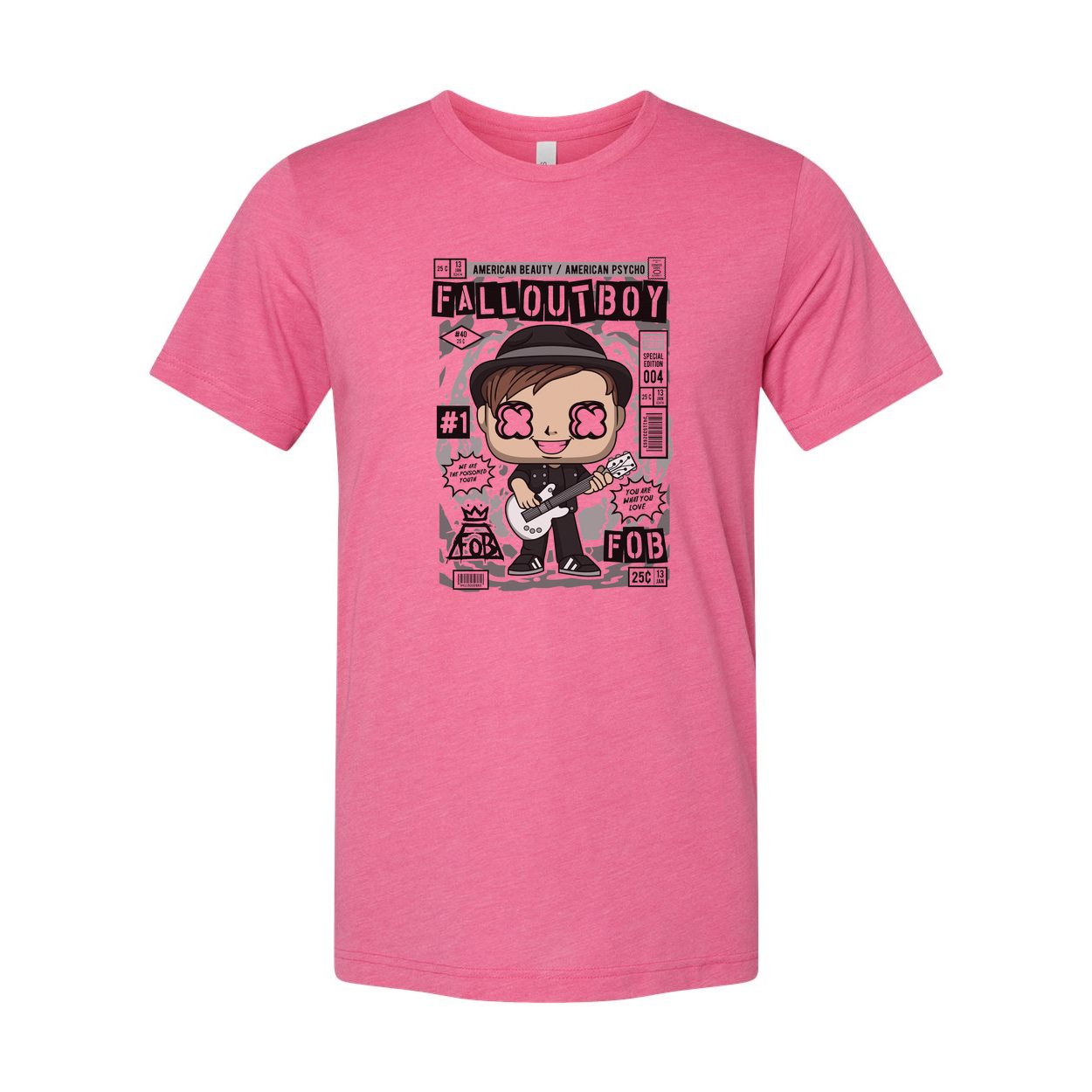 Fall Out Boy Cartoon Graphic Tee Unisex Music Band Shirt Featuring Bold Comic Style Illustration