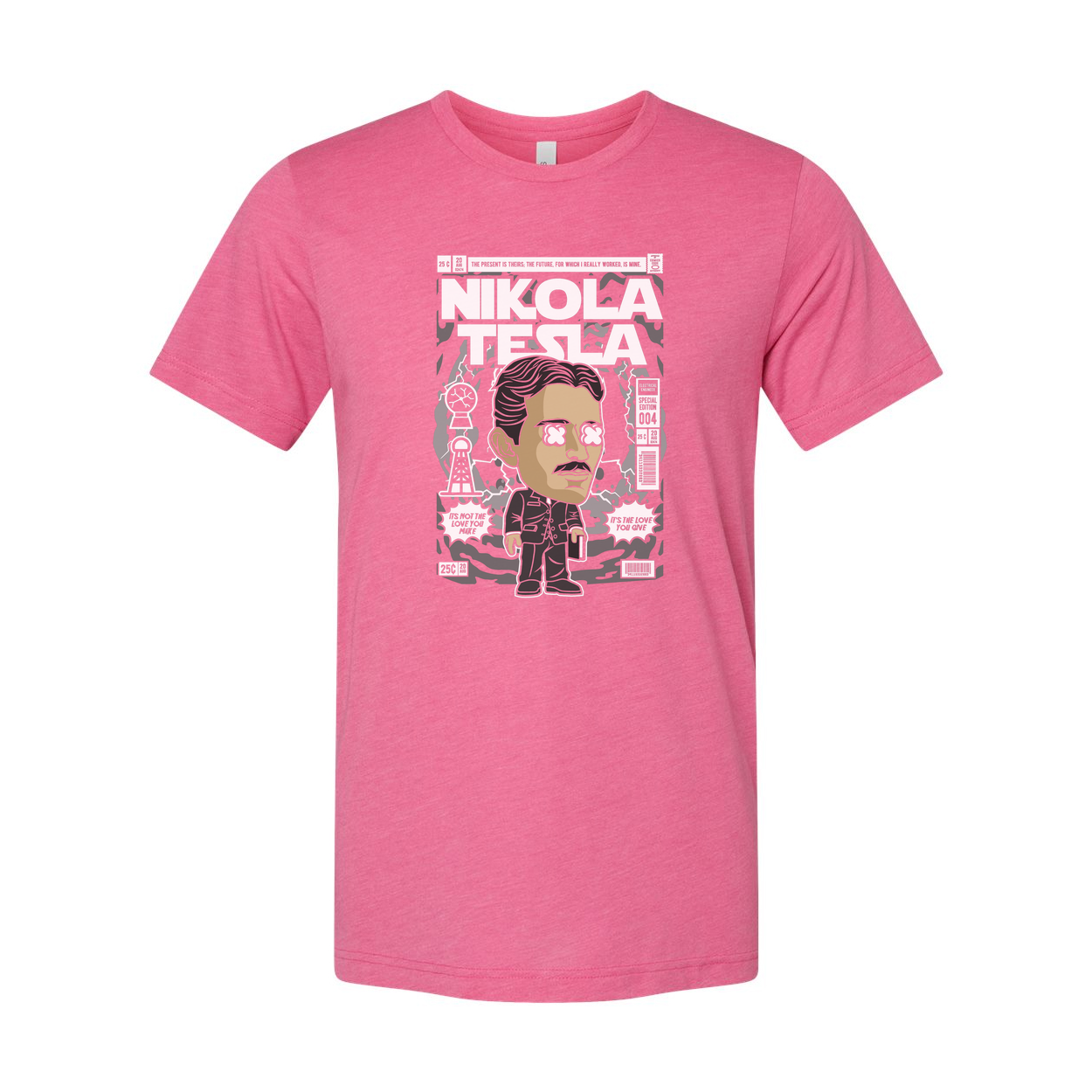 Nikola Tesla Graphic Unisex T Shirt Featuring Cartoon Portrait And Vintage Magazine Cover Illustration