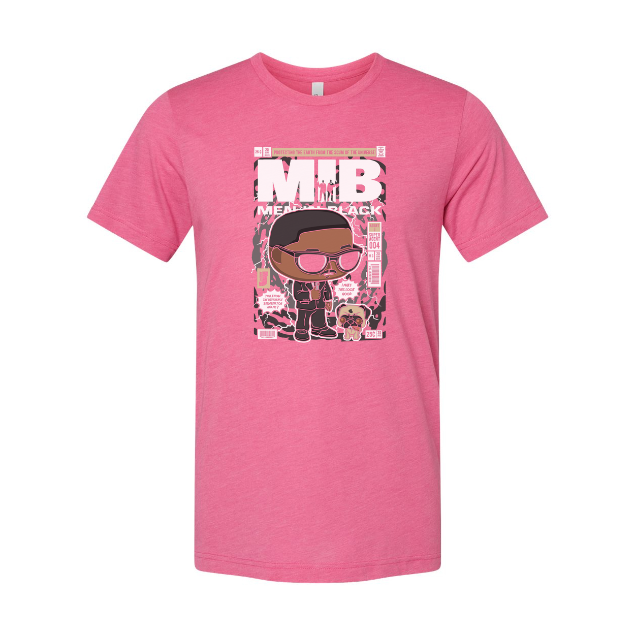 MIB Cartoon Style Graphic Tee With Bold Comic Background And Caricature Agent For Men And Women