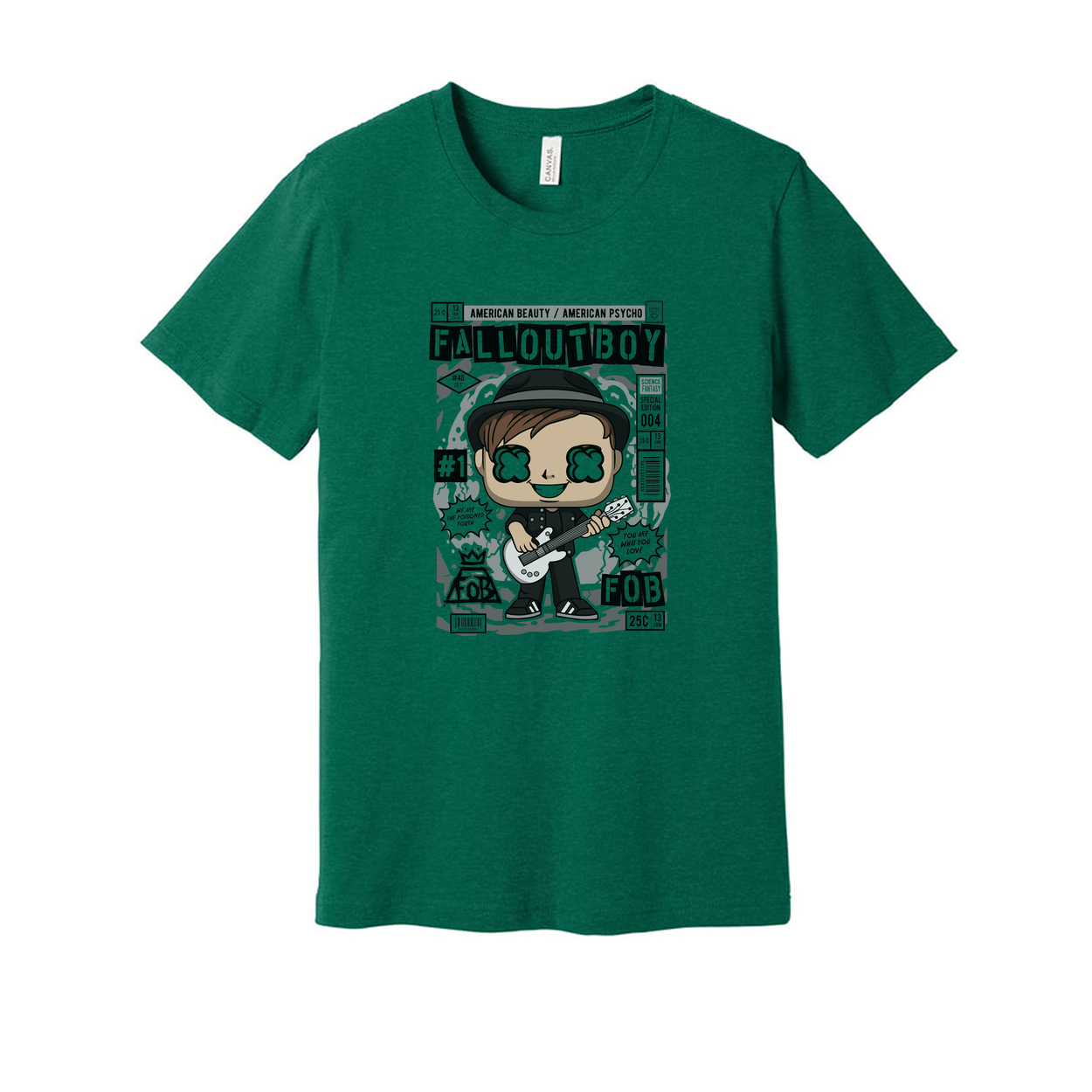 Fall Out Boy Cartoon Graphic Tee Unisex Music Band Shirt Featuring Bold Comic Style Illustration