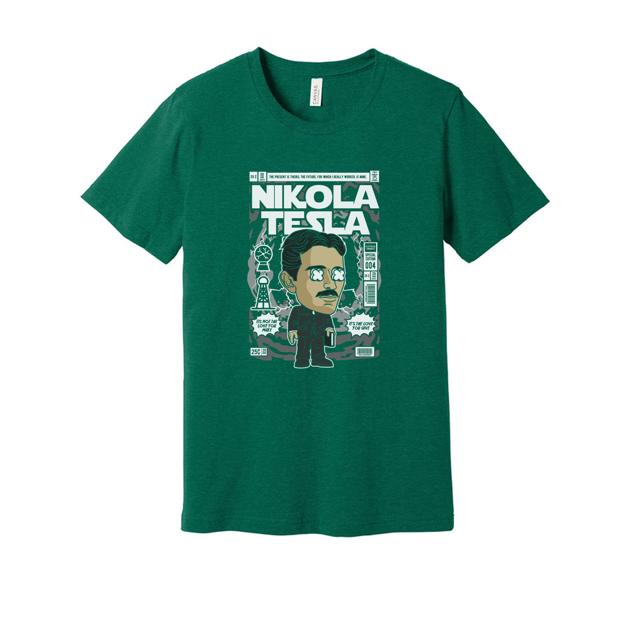 Nikola Tesla Graphic Unisex T Shirt Featuring Cartoon Portrait And Vintage Magazine Cover Illustration