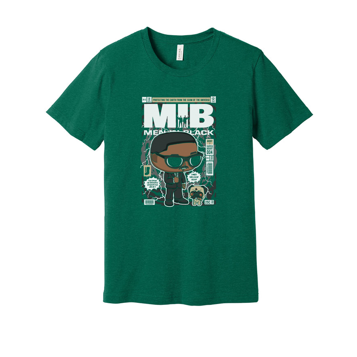 MIB Cartoon Style Graphic Tee With Bold Comic Background And Caricature Agent For Men And Women