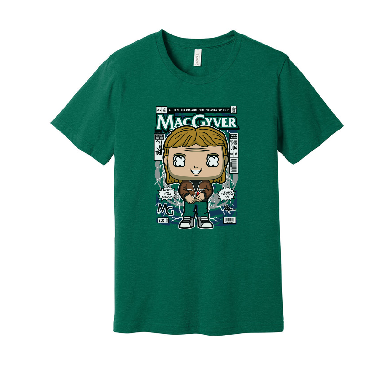 MacGyver Cartoon Style Graphic Tee For Unisex Wear With Comic Book Cover Artwork