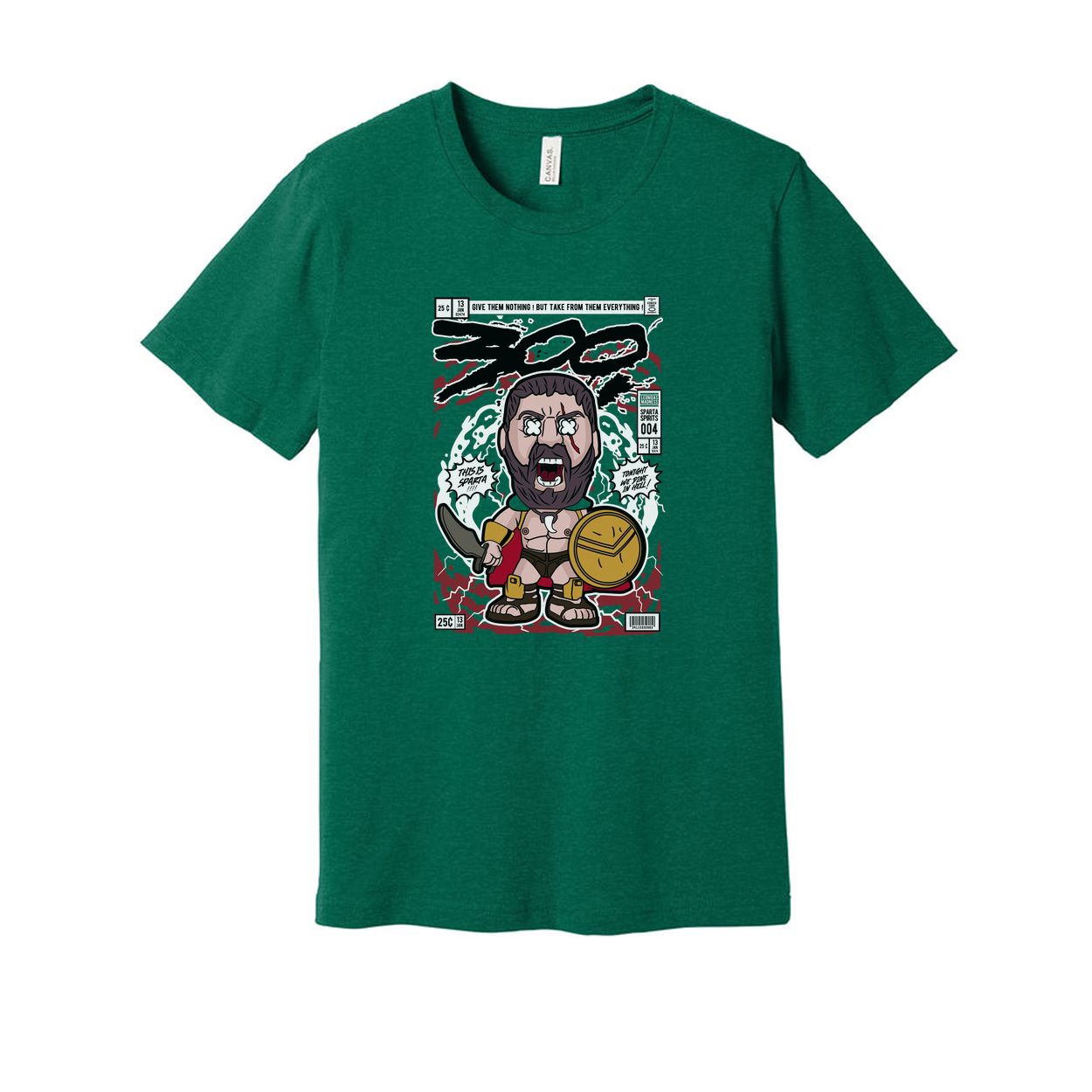 Unisex Cartoon Spartan Warrior Comic Style T Shirt With Shield And Sword Graphic Design