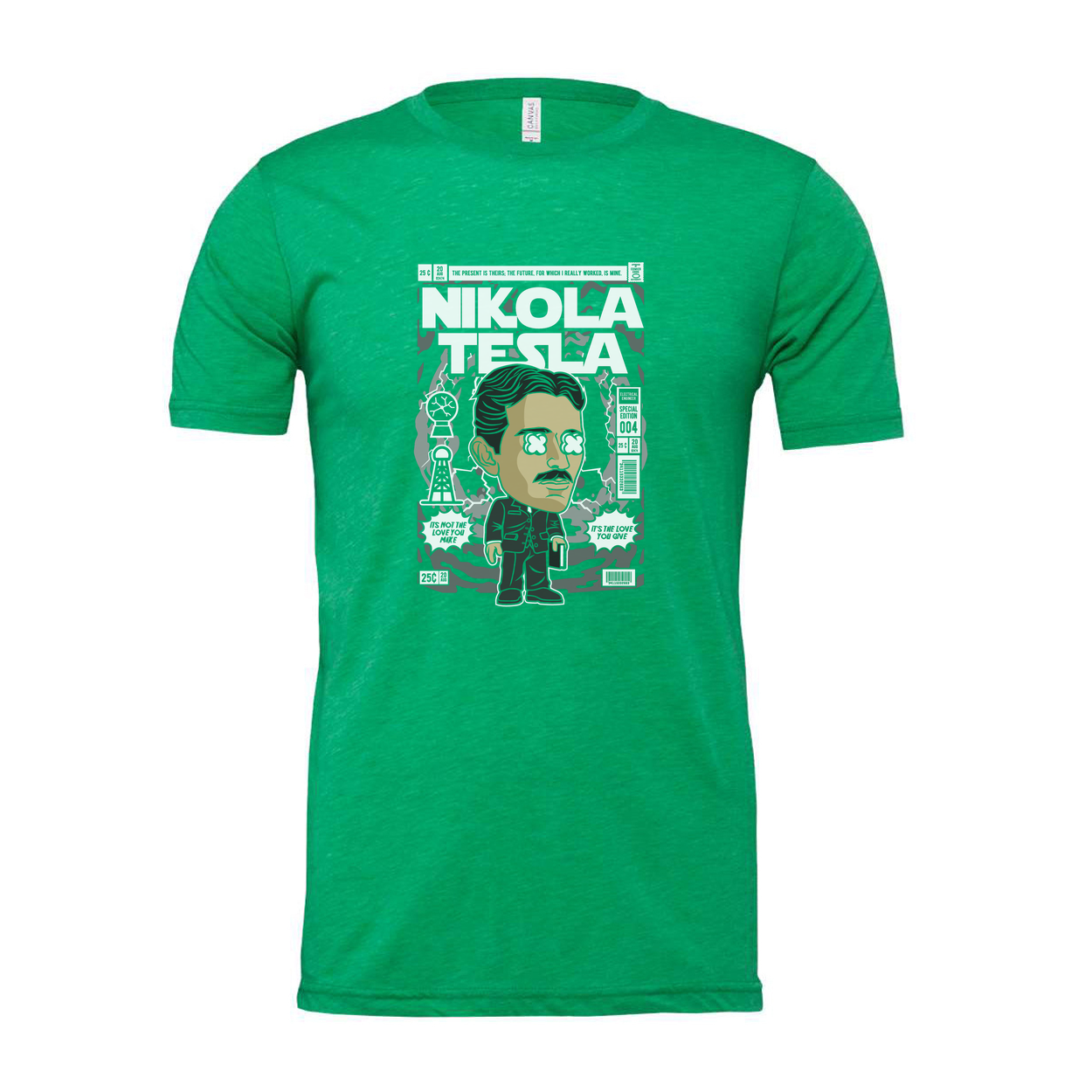 Nikola Tesla Graphic Unisex T Shirt Featuring Cartoon Portrait And Vintage Magazine Cover Illustration