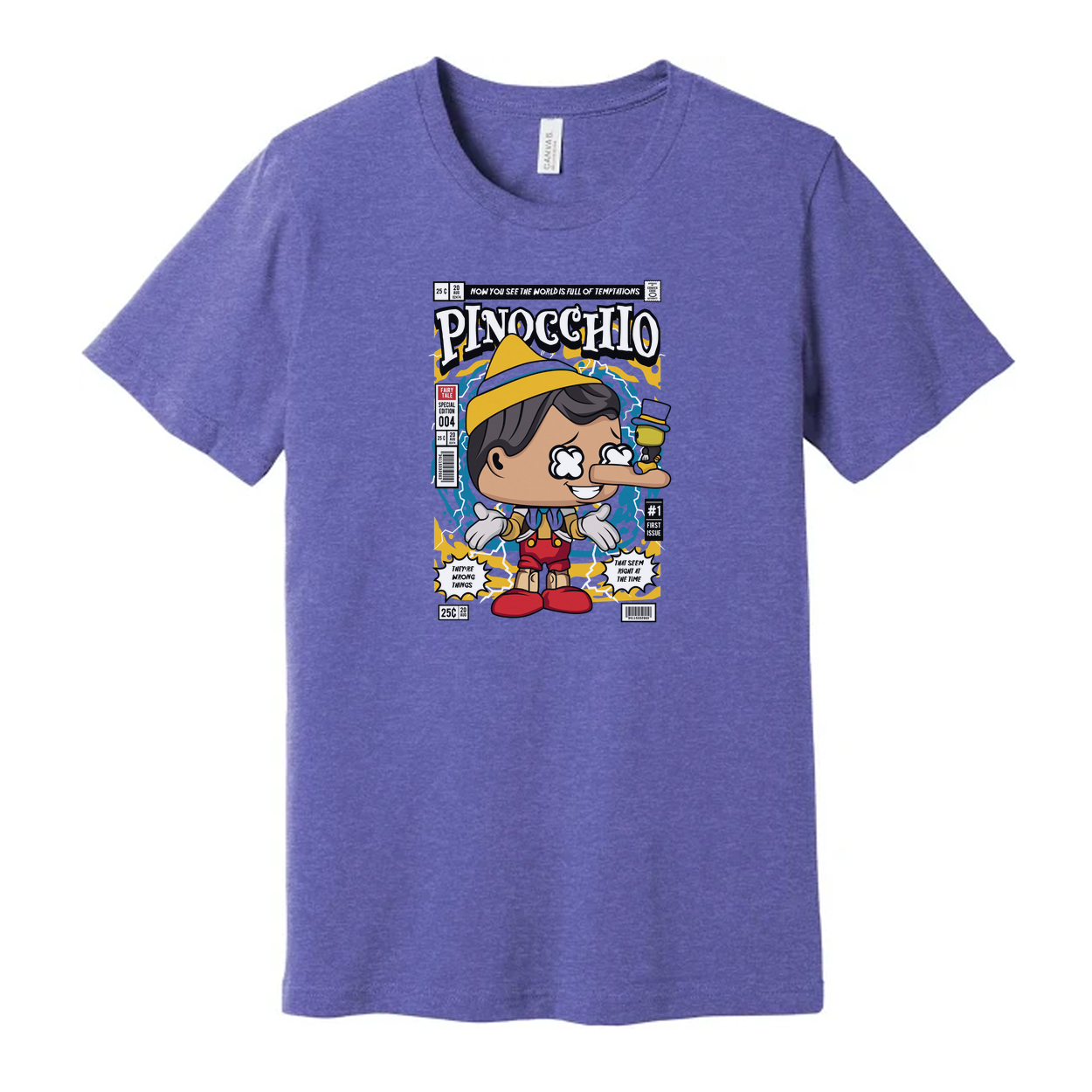 Pinocchio Comic Style Graphic Tee For Adults Unisex Short Sleeve Shirt With Vintage Comic Book Cover Art
