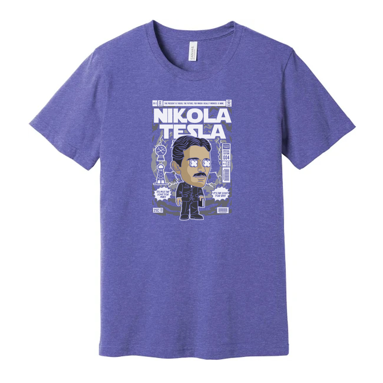 Nikola Tesla Graphic Unisex T Shirt Featuring Cartoon Portrait And Vintage Magazine Cover Illustration