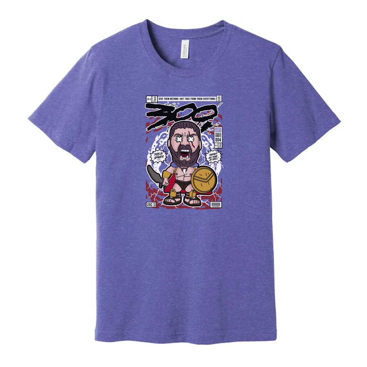 Unisex Cartoon Spartan Warrior Comic Style T Shirt With Shield And Sword Graphic Design