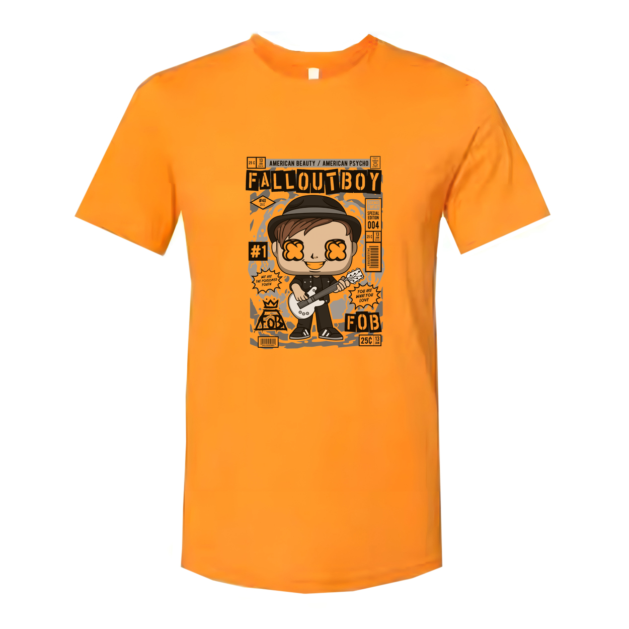 Fall Out Boy Cartoon Graphic Tee Unisex Music Band Shirt Featuring Bold Comic Style Illustration