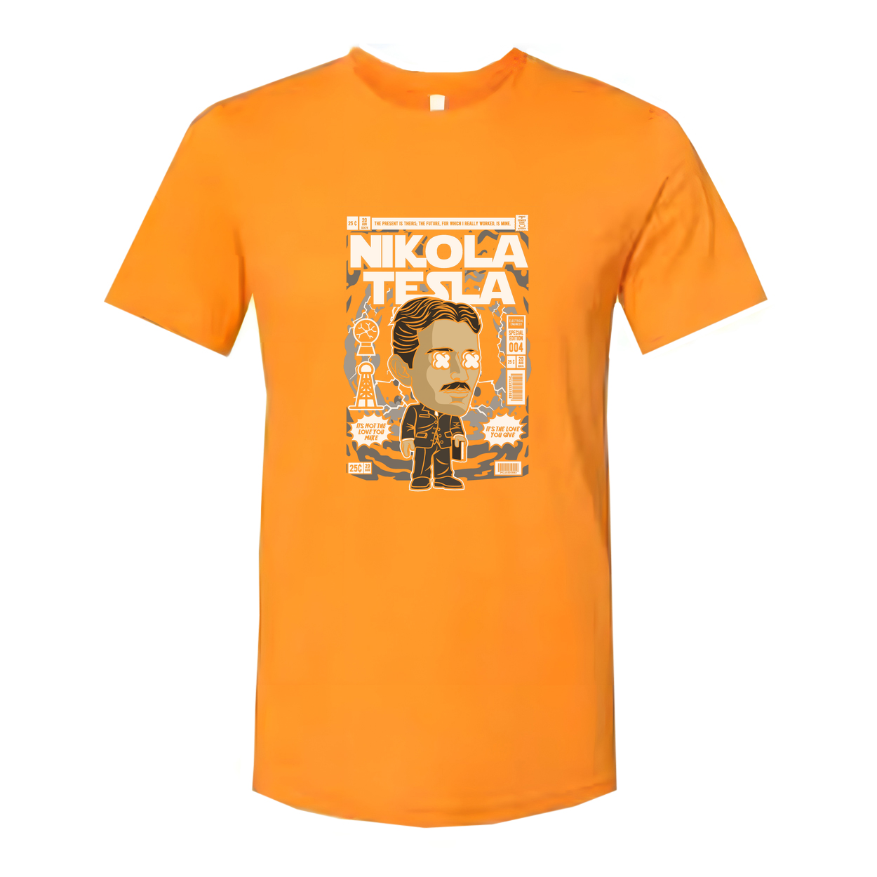 Nikola Tesla Graphic Unisex T Shirt Featuring Cartoon Portrait And Vintage Magazine Cover Illustration