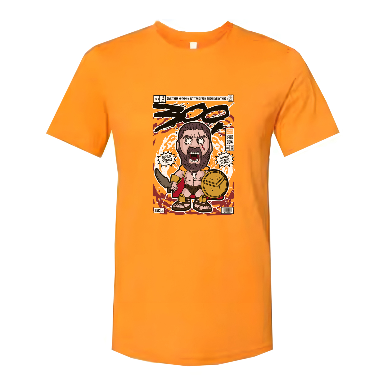 Unisex Cartoon Spartan Warrior Comic Style T Shirt With Shield And Sword Graphic Design