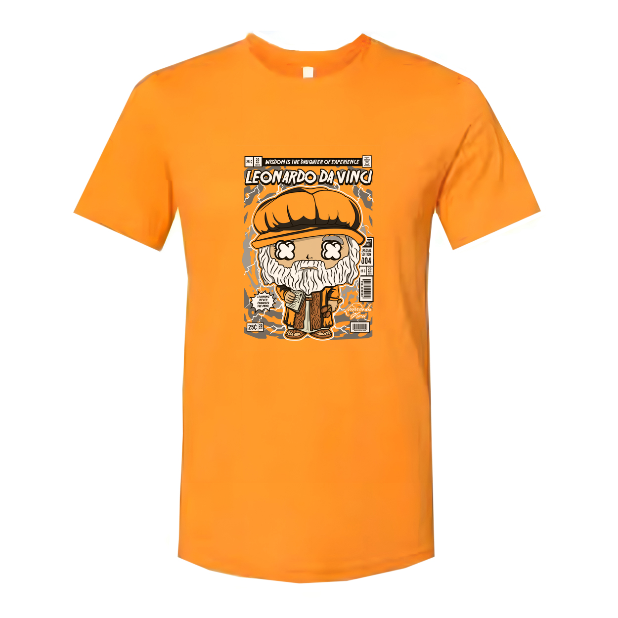 Leonardo Da Vinci Themed Unisex Graphic Tee Featuring A Cartoon Bust And Vintage Comic Panel Design