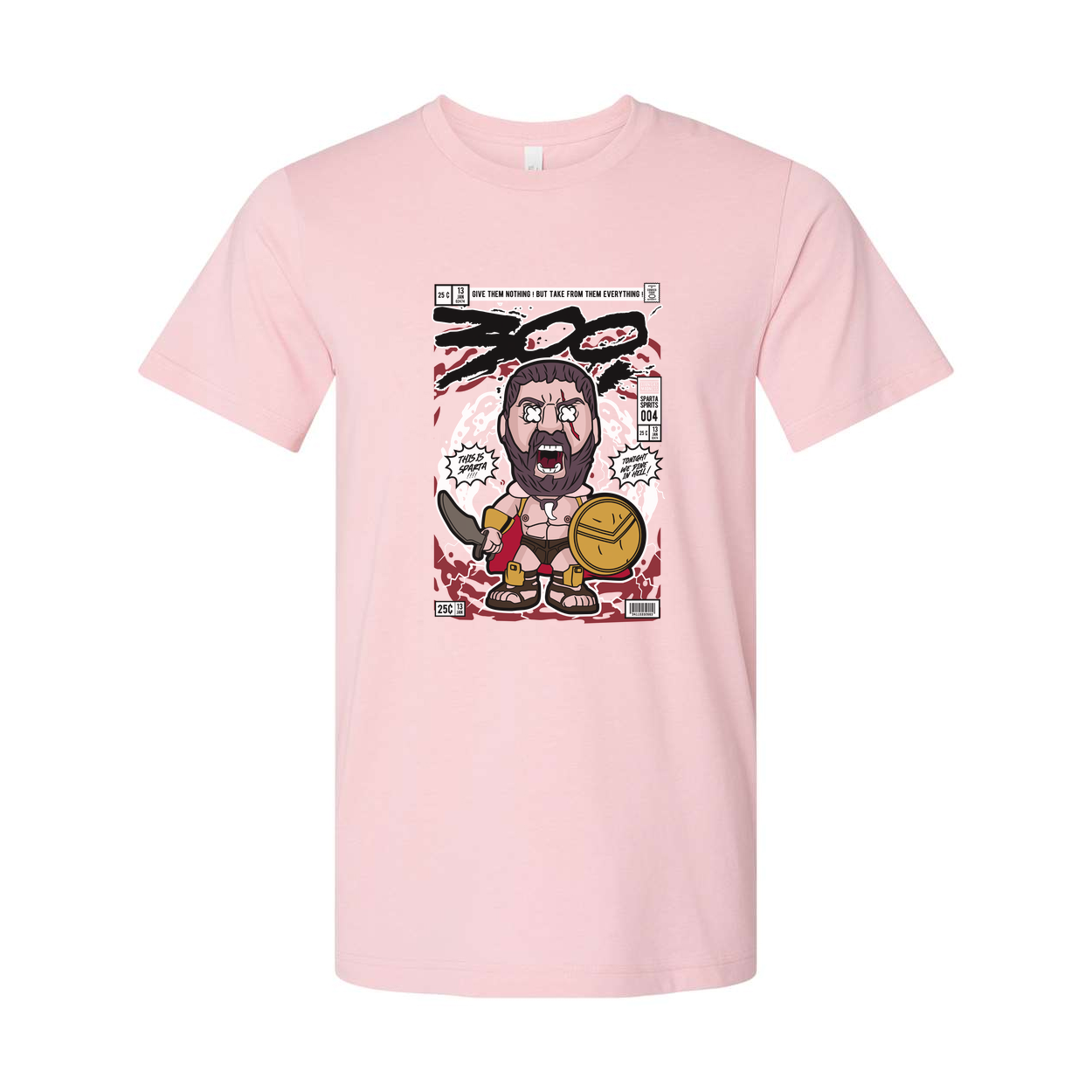 Unisex Cartoon Spartan Warrior Comic Style T Shirt With Shield And Sword Graphic Design