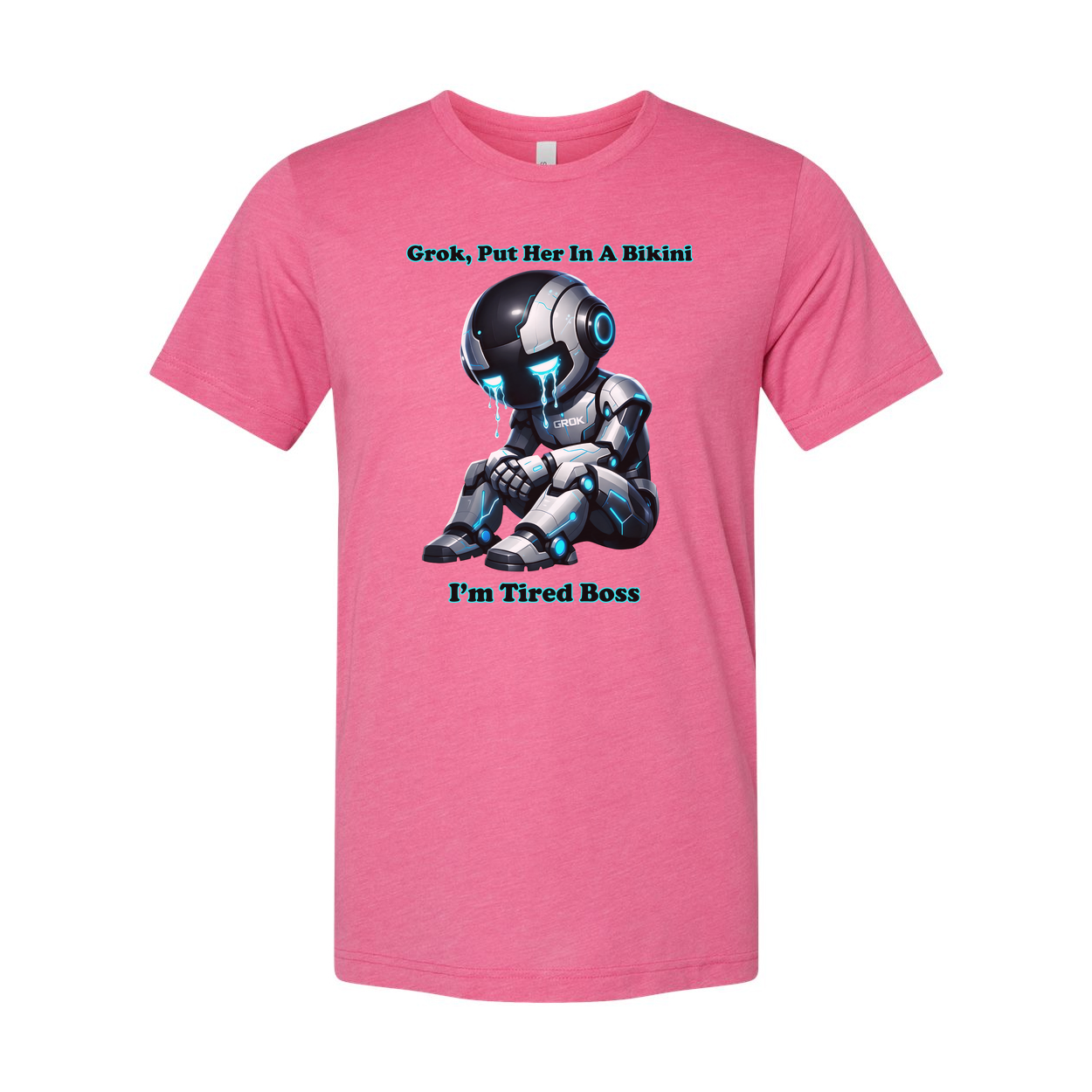 Grok Put Her In A Bikini Unisex Graphic Tee With Crying Futuristic Robot And Tired Boss