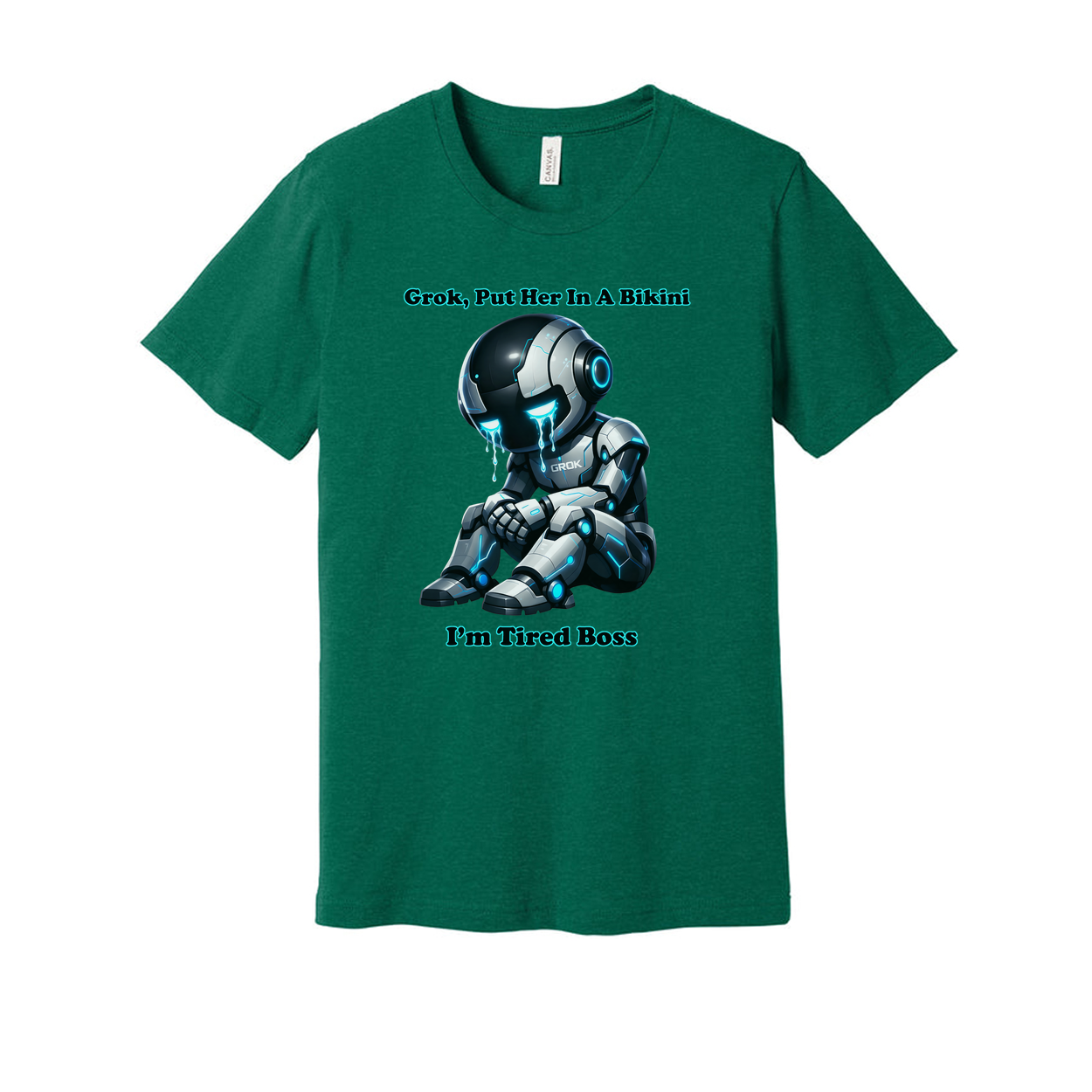 Grok Put Her In A Bikini Unisex Graphic Tee With Crying Futuristic Robot And Tired Boss
