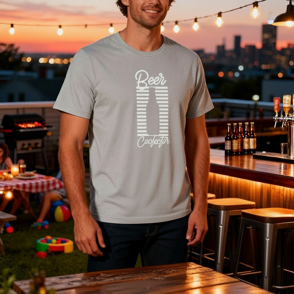 Beer Bottle Graphic Unisex T Shirt With Striped Frame Design For Casual Wear And Everyday Comfort