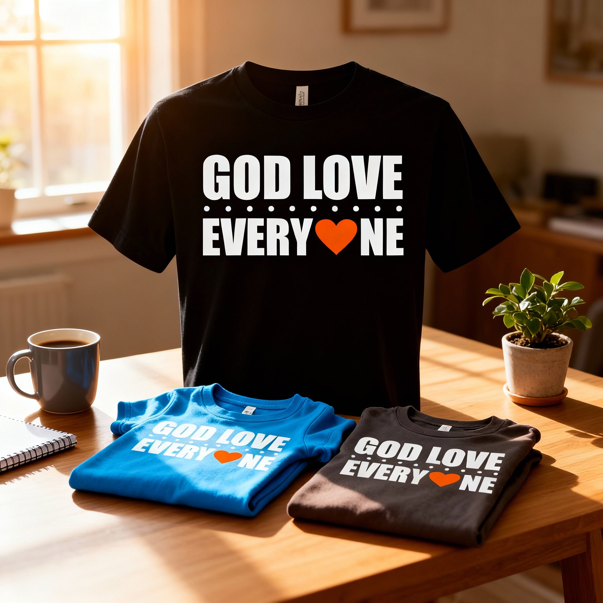 Unisex Christian Graphic Tee Featuring God Love Everyone Message And Orange Heart Accent