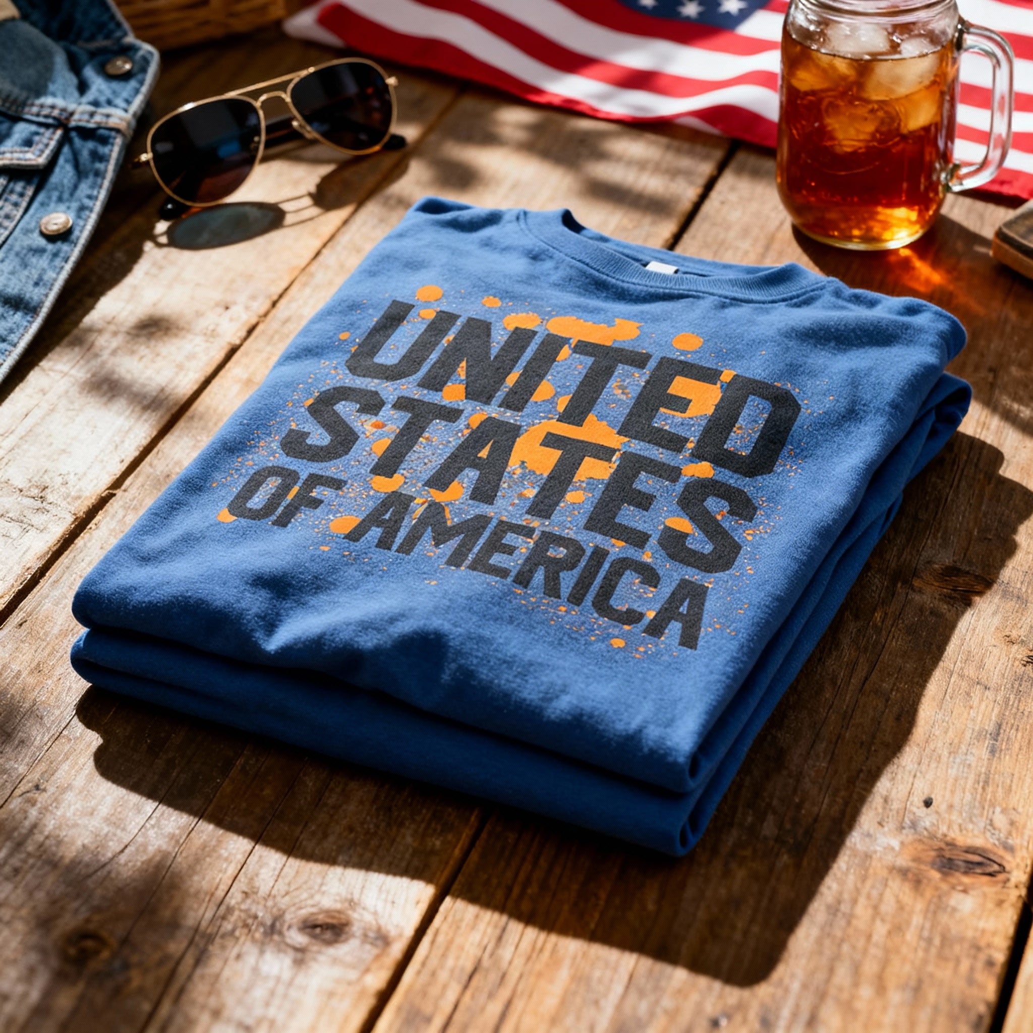 United States Of America Graphic Unisex T Shirt With Orange Paint Splatter Design