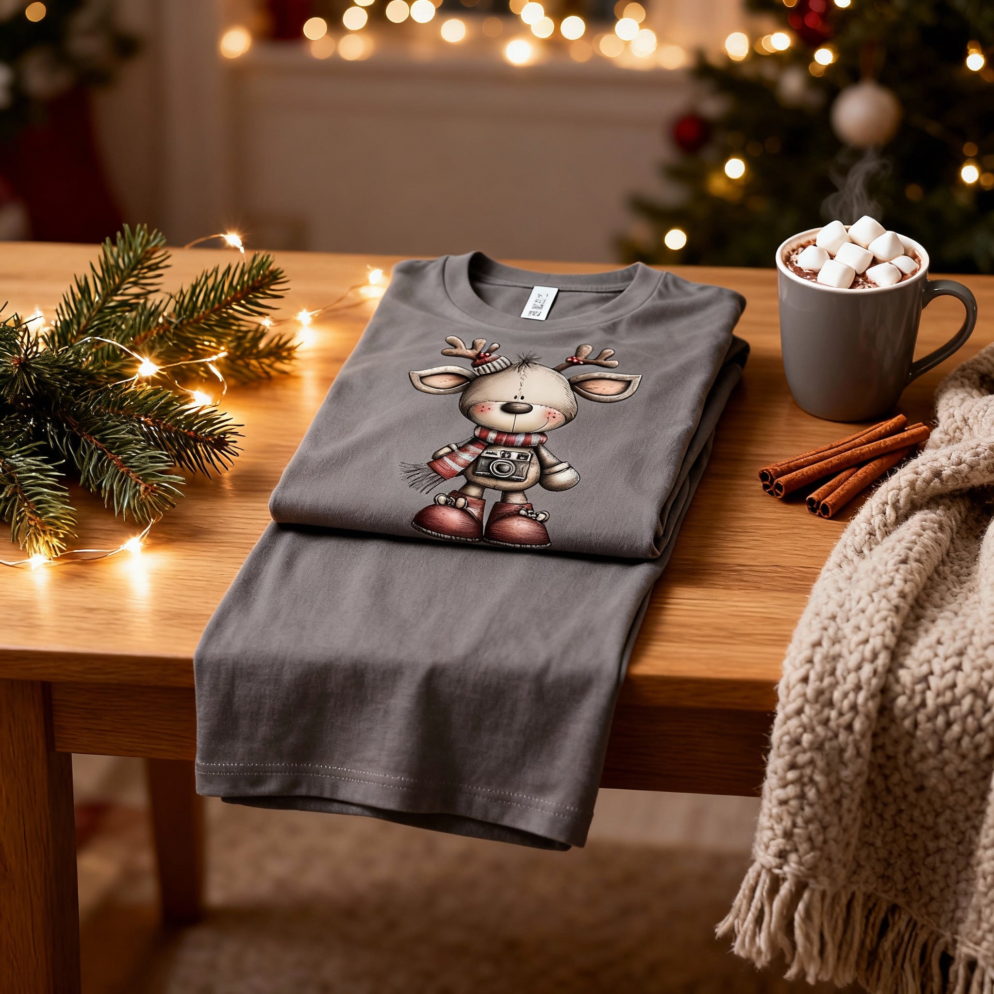 White Unisex Christmas Reindeer Graphic T Shirt With Scarf And Camera Design Illustrated