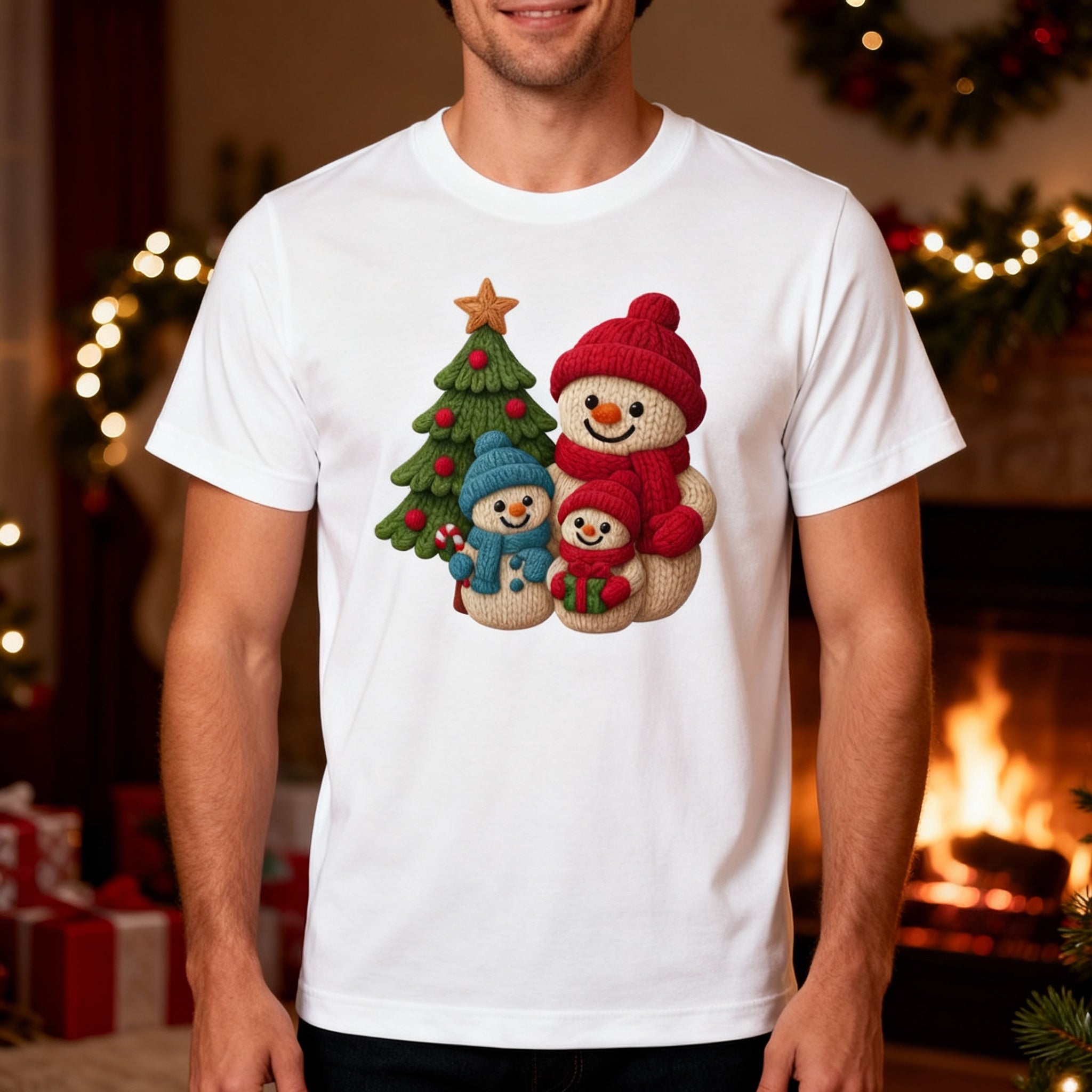 Christmas Snowmen Family Knit Style Graphic T Shirt With Tree And Gift Design For Adults And Kids