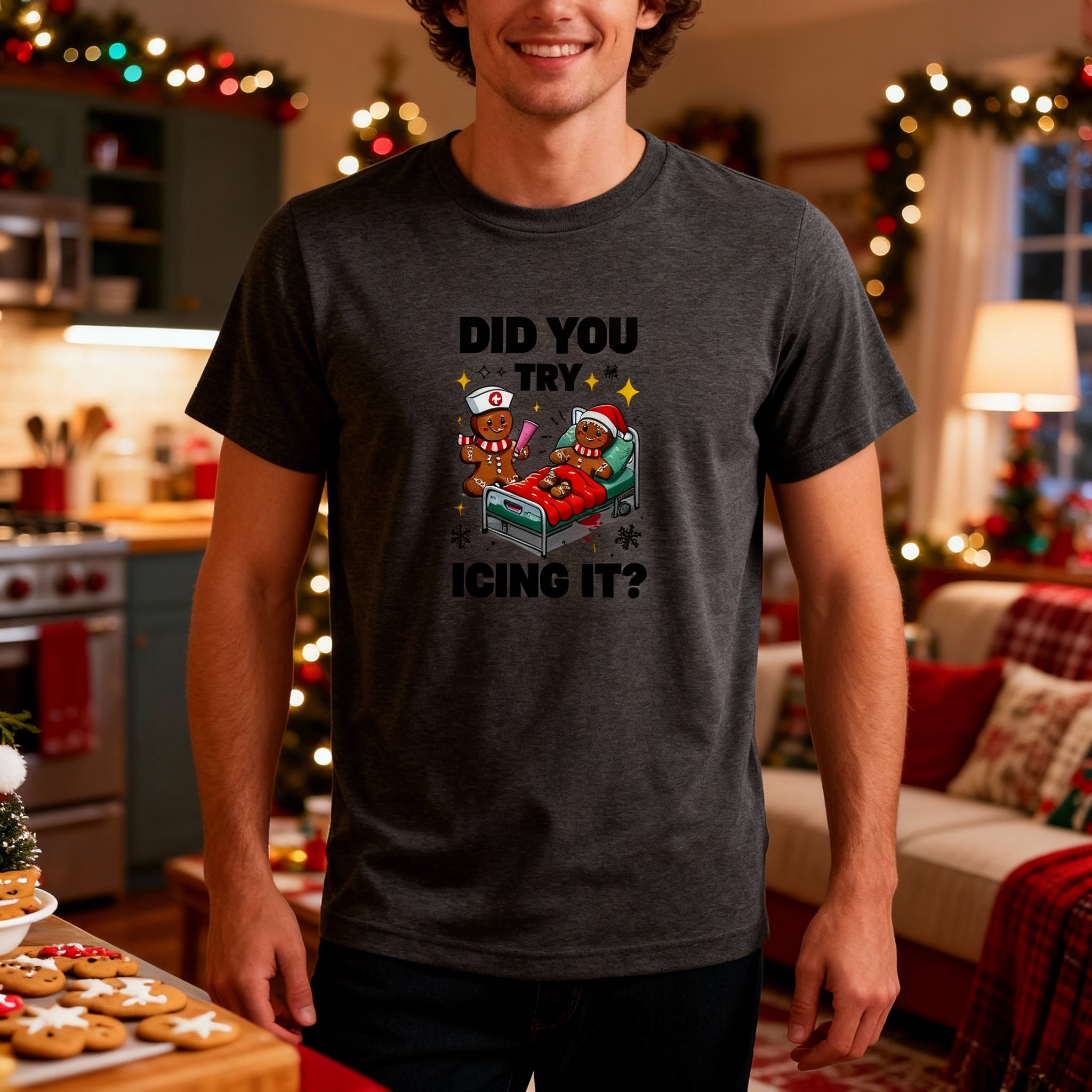 Did You Try Icing It Christmas Gingerbread Nurse And Patient Graphic Unisex T Shirt
