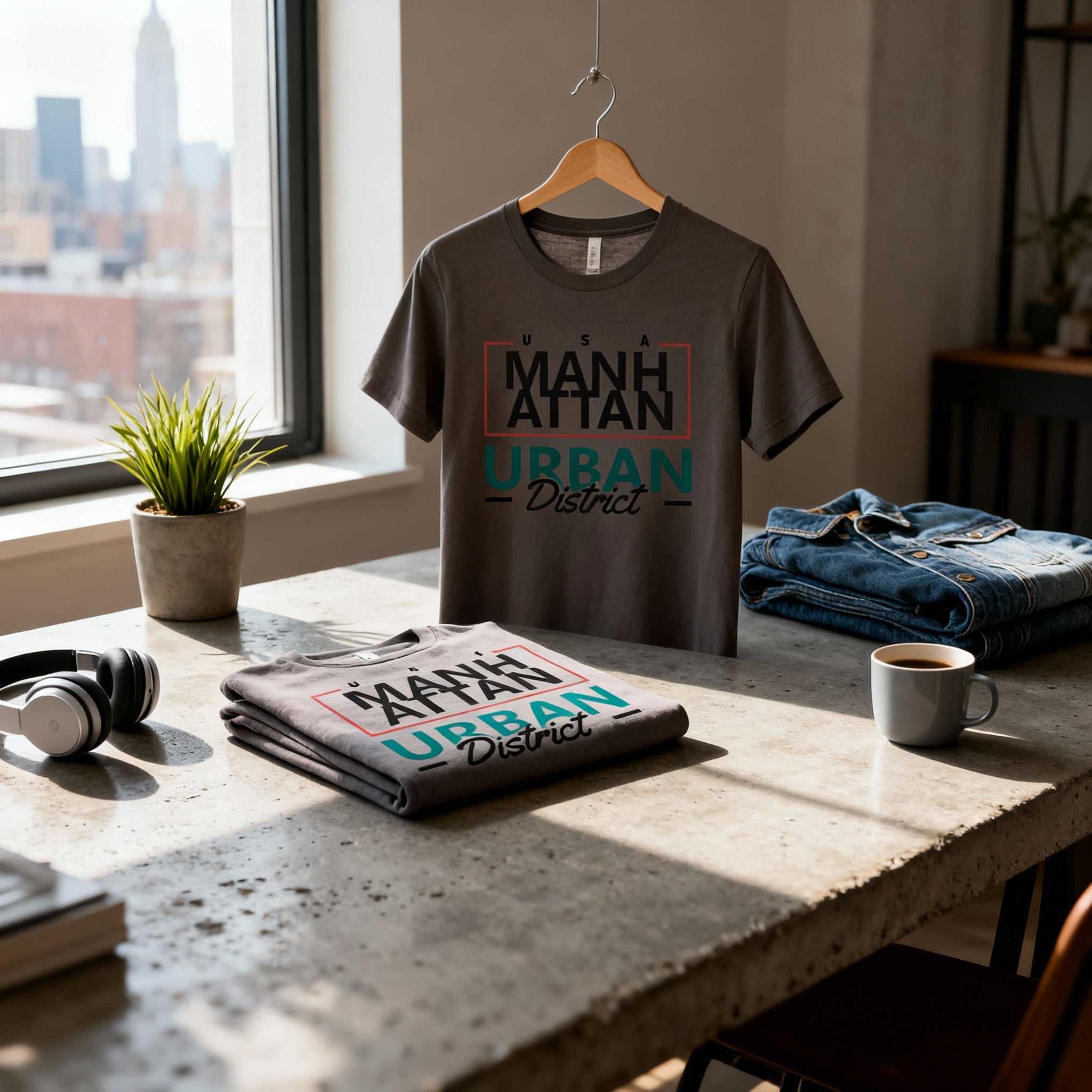 Manhattan Urban District Graphic Unisex T Shirt With Red Frame And Teal Urban Text