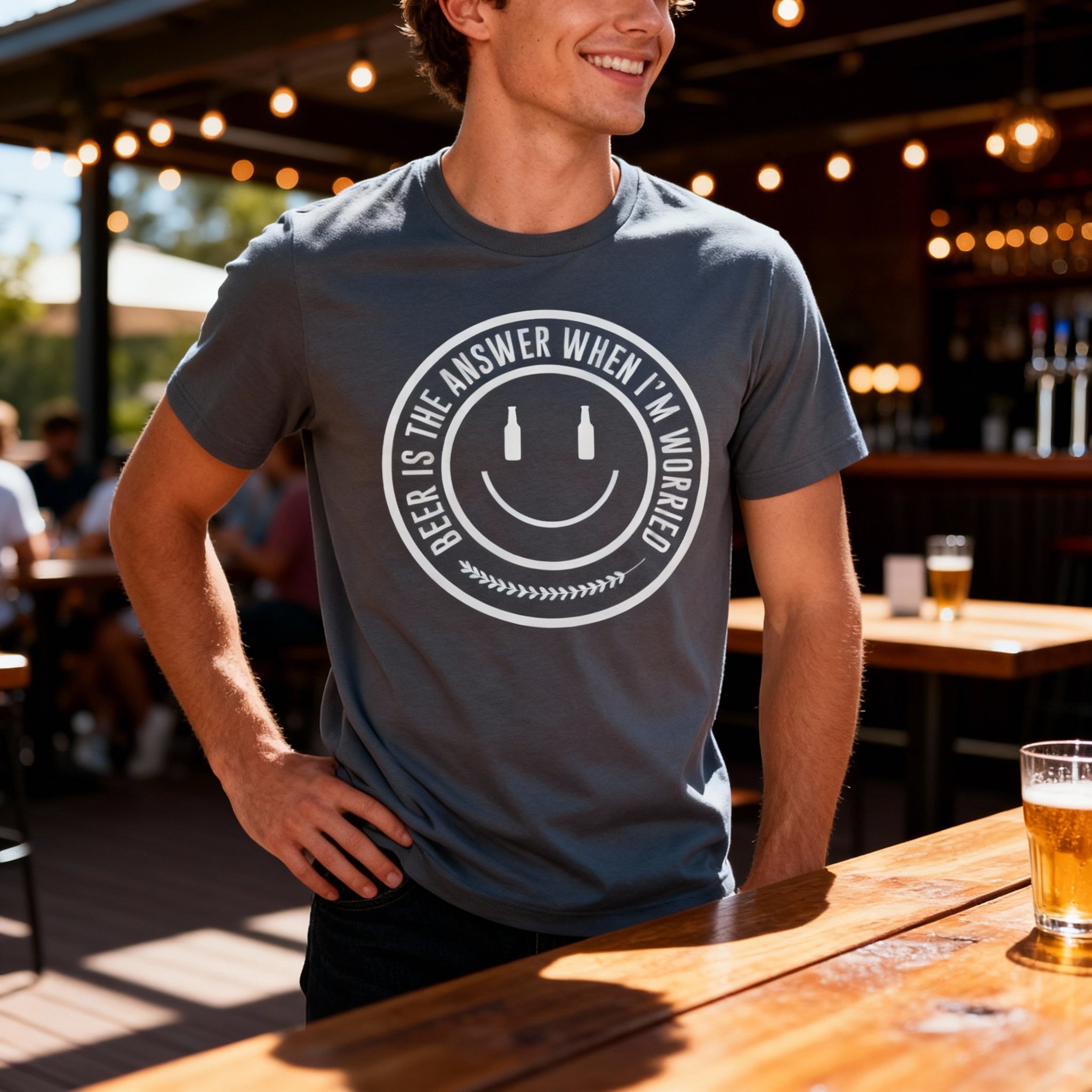 Unisex Beer Is The Answer When I'm Worried Circular Logo Graphic Tee Shirt For Everyday Wear