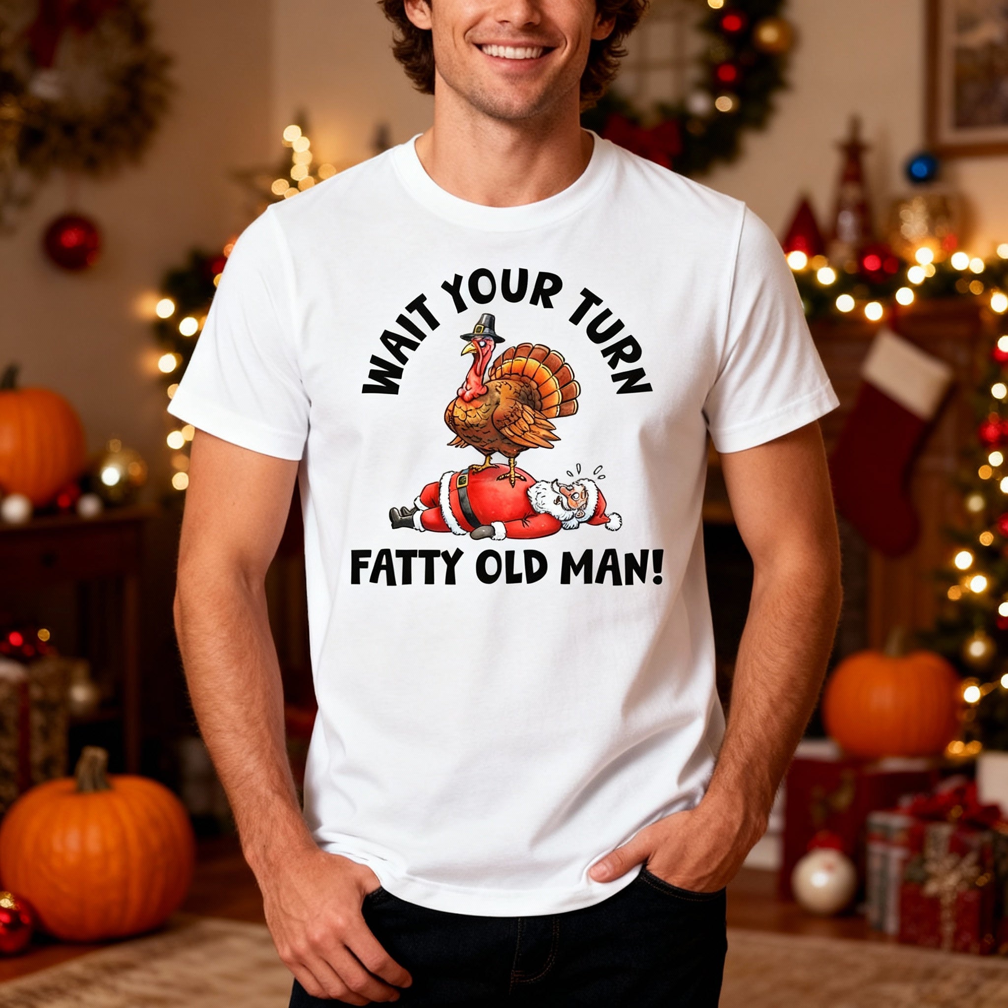 Funny Christmas T Shirt With Turkey Standing On Santa Claus Illustration For Holiday Gift