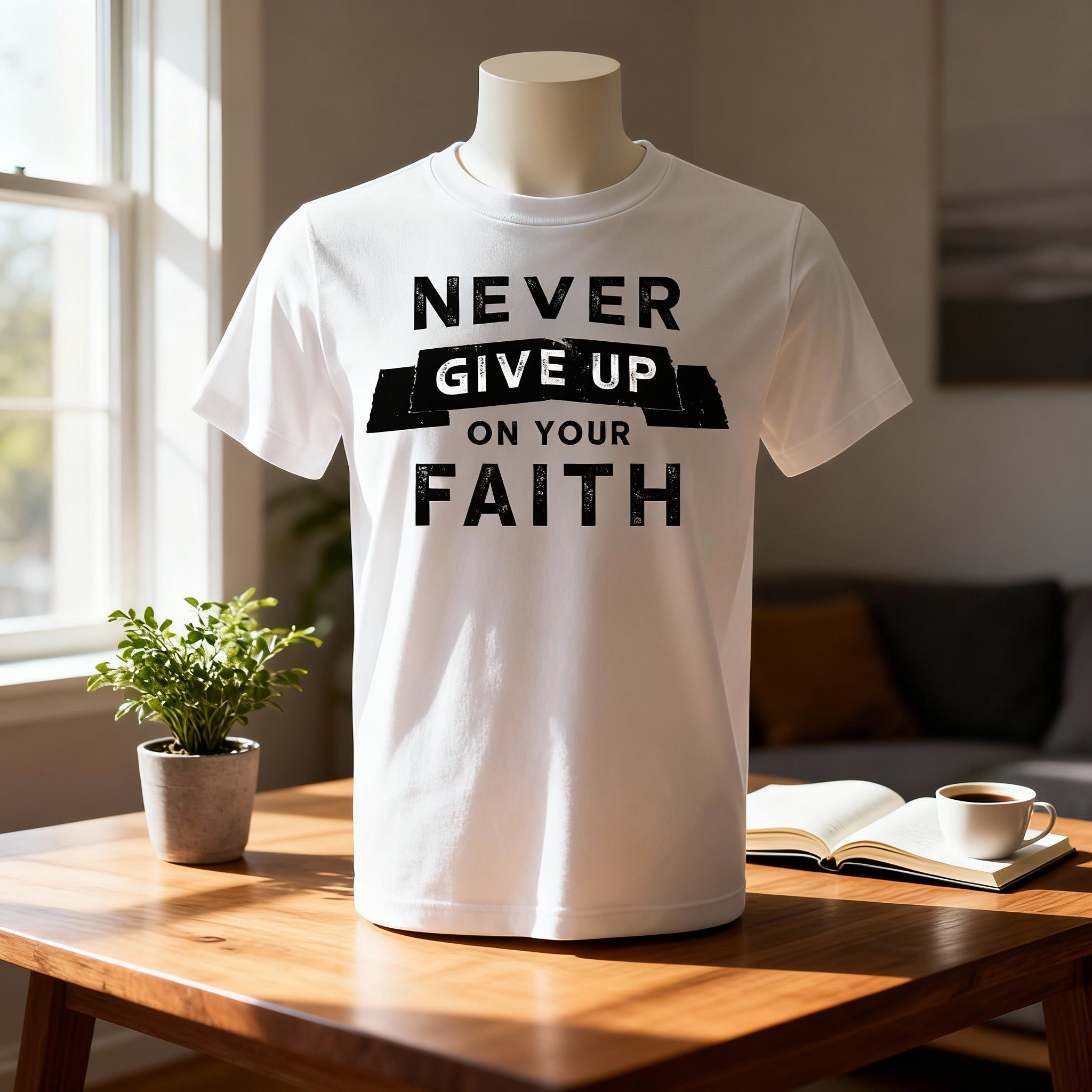 Never Give Up On Your Faith Unisex Christian T Shirt With Distressed Lettering Graphic