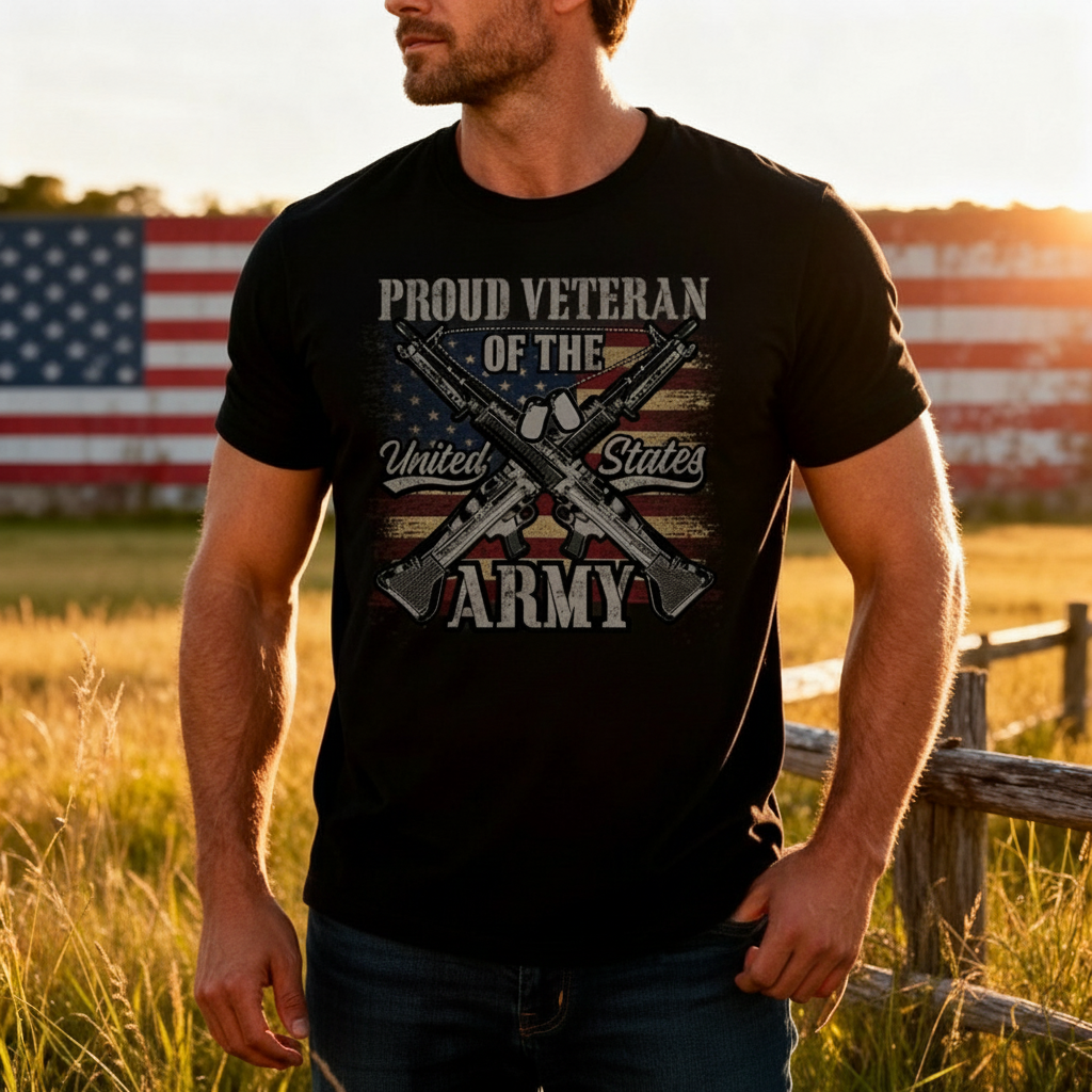 Proud Veteran Of The United States Army Graphic Tee With Crossed Rifles And Distressed Flag
