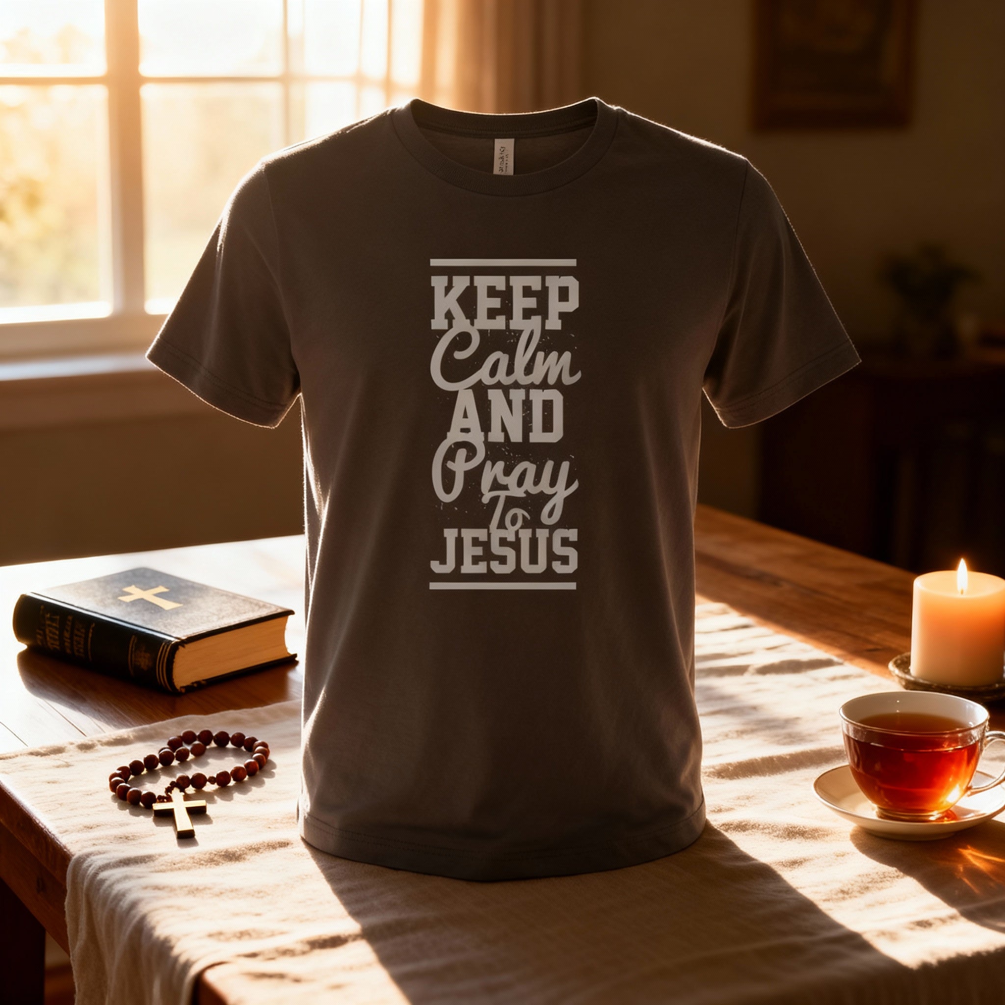 Keep Calm and Pray to Jesus Unisex T Shirt With Vertical Typography Design Front