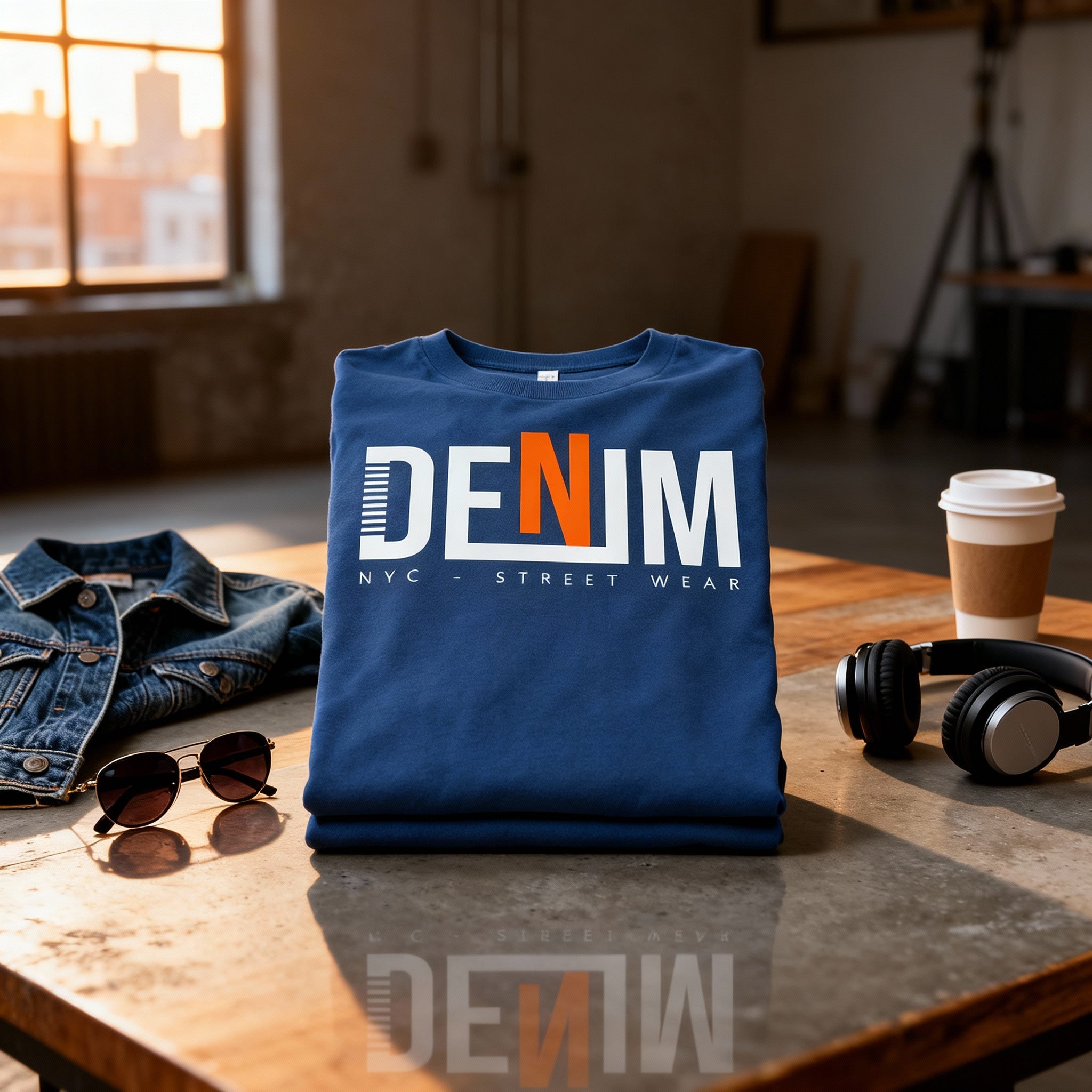 Denim Graphic T Shirt With Bold Orange N Logo NYC Streetwear Unisex Tee For Everyday Wear