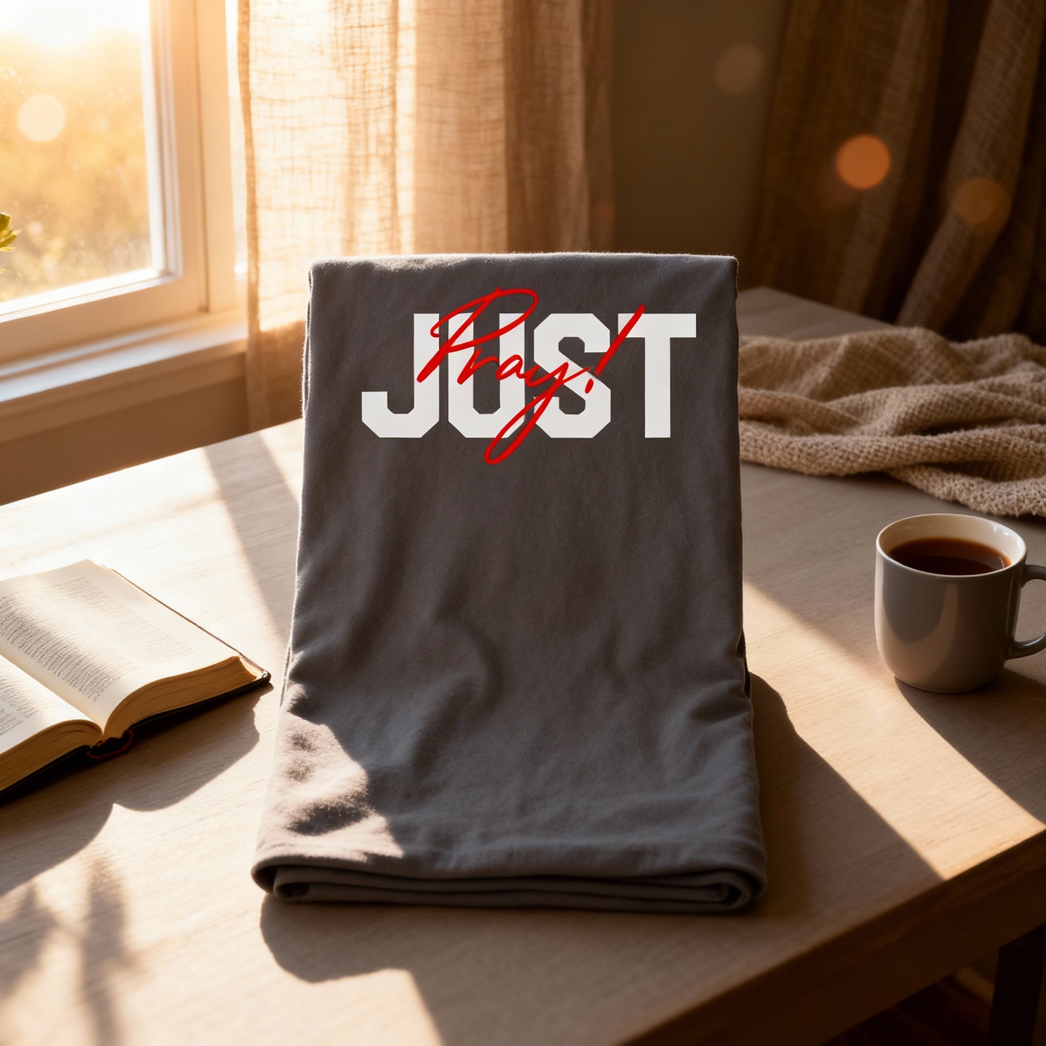 Unisex Christian T Shirt With Just Pray Red Script Overlay On Large Light Gray Letters