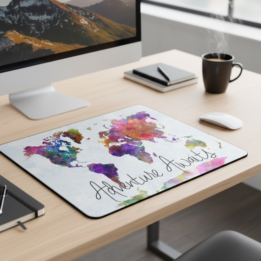 Adventure Awaits Watercolor World Map Cushioned Mouse Pad