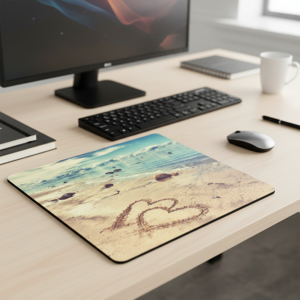 Beach With Hearts In Sand Thick Mouse Pad Desk Accessory