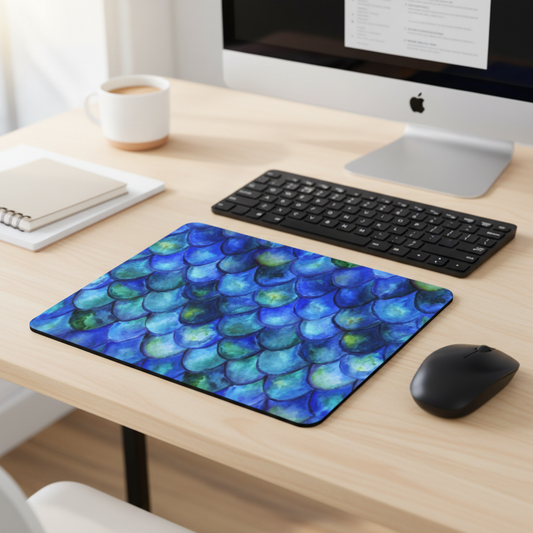 Blue Watercolor Scales Thick Mouse Pad Cushioned Desk Mat