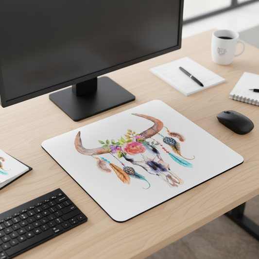 Boho Skull With Feathers Thick Mouse Pad Decor Desk