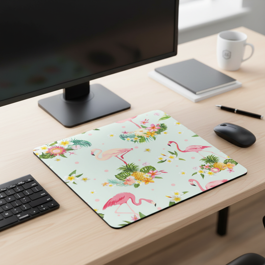 Flamingo and Tropical Flowers Retro Thick Mouse Pad