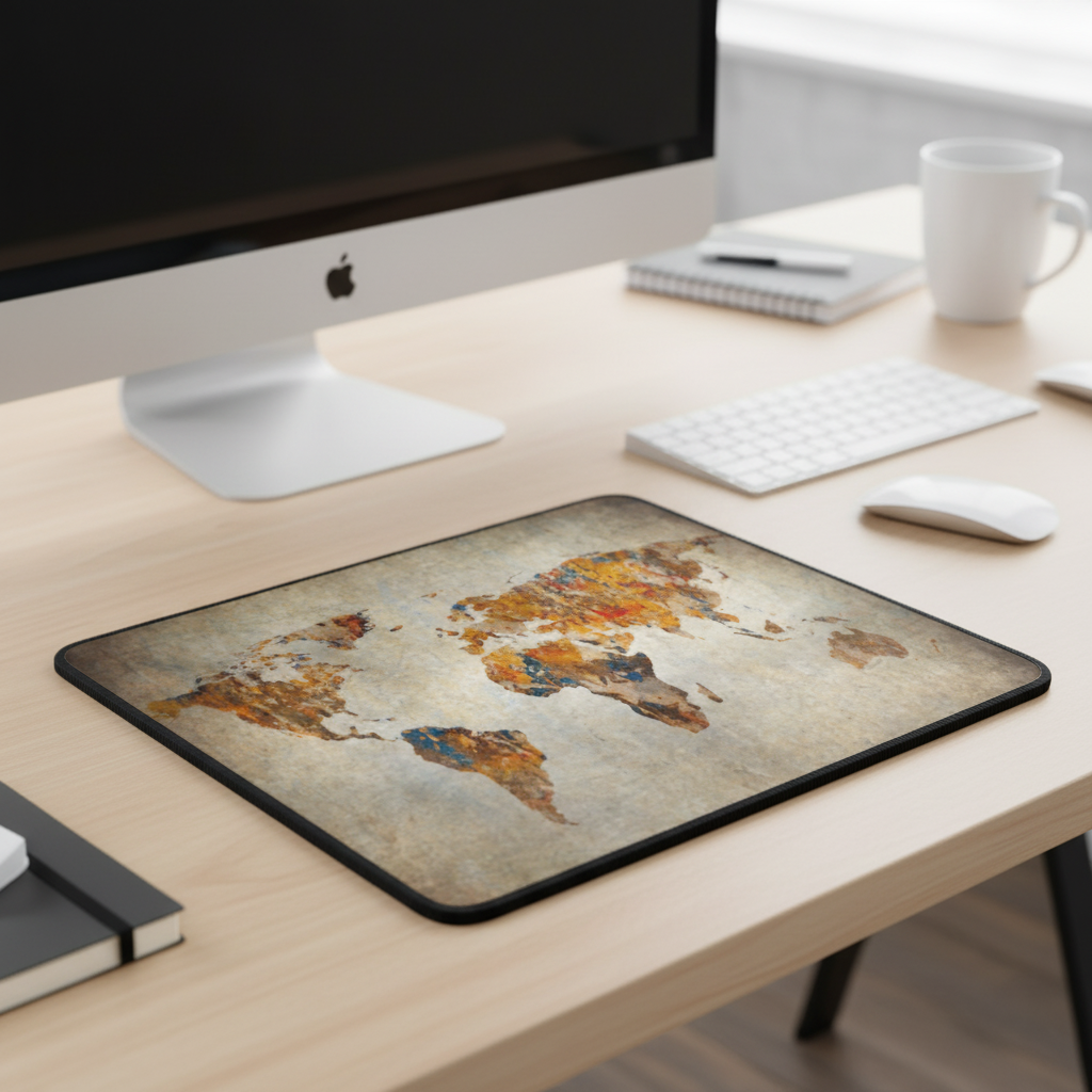 Grunge World Map Thick Mouse Pad With Vintage Design