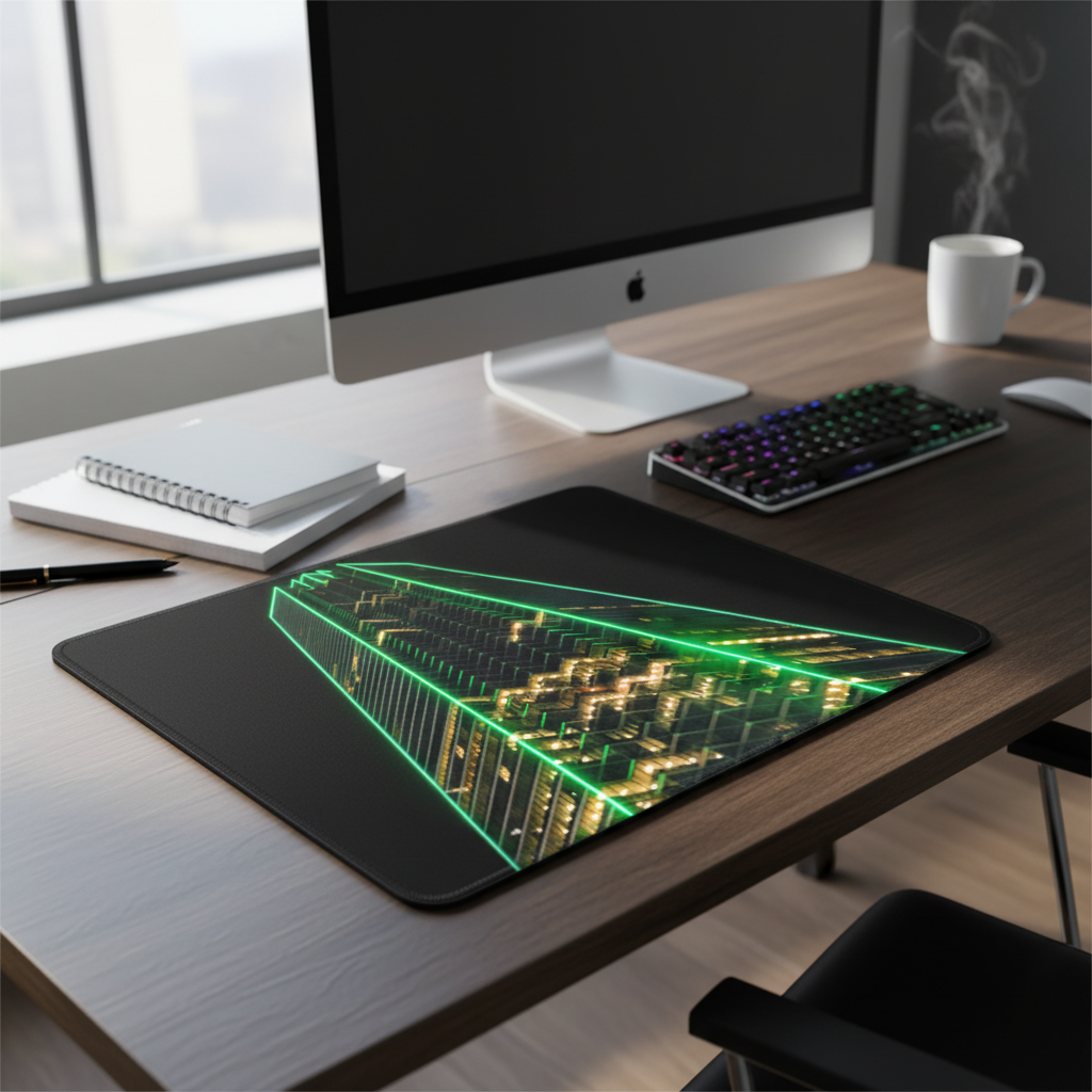 Neon Green Downtown Dallas Glowing Building Thick Mouse Pad