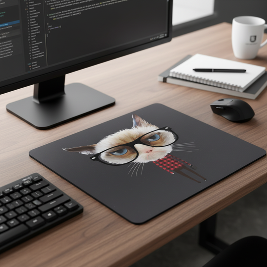 Quirky Hipster Cat Head Thick Mouse Pad With Glasses