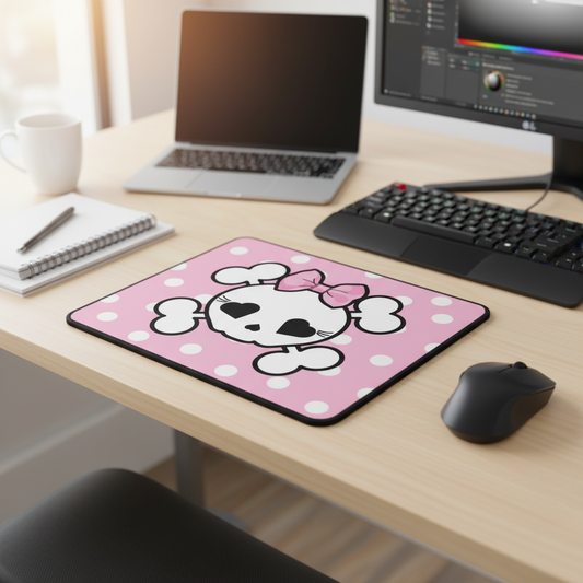 Pink Polka Dot Skull Girl Thick Cushioned Mouse Pad