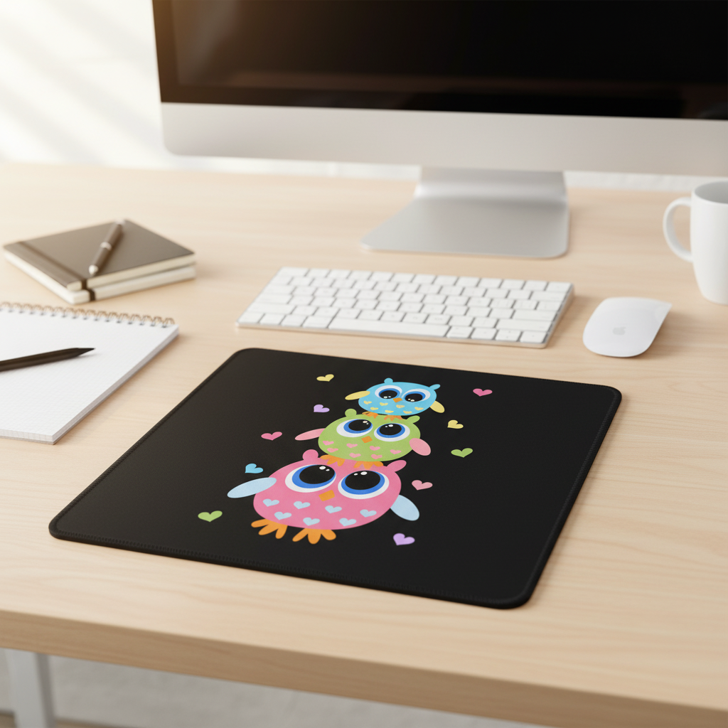 Three Owls Thick Mouse Pad With Colorful Owl Design