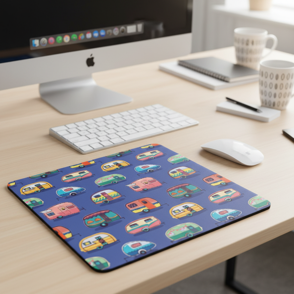 Vintage Camper Print Thick Mouse Pad With Retro Caravan