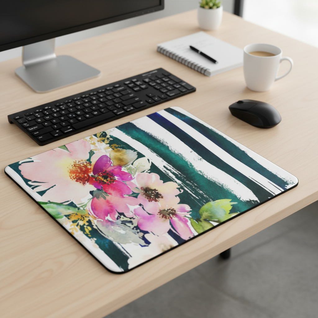 Watercolor Flower With Strips Thick Mouse Pad Desk Mat