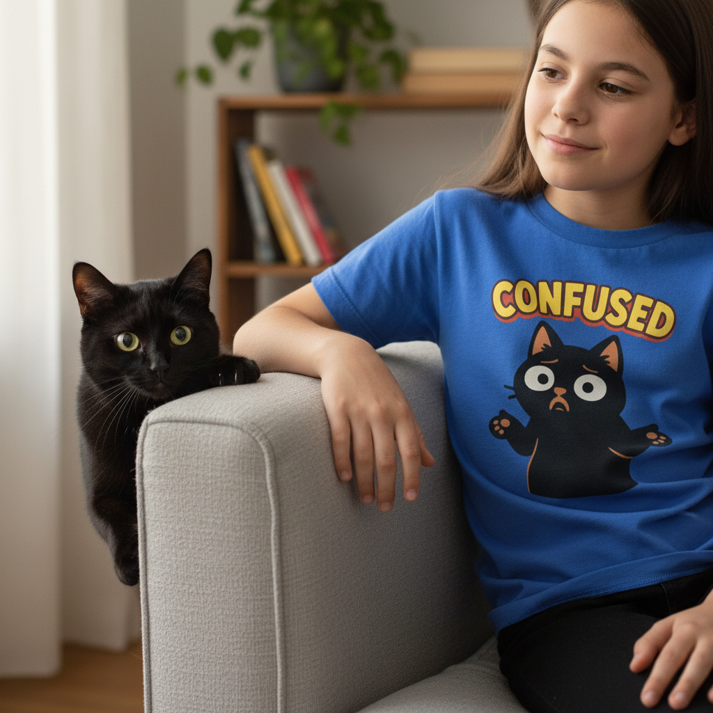 Confused Black Cat Unisex T Shirt Graphic Tee Gift Idea