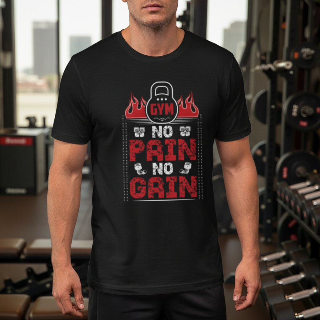 Unisex No Pain No Gain Gym Graphic T Shirt With Flames Design For Fitness Enthusiasts