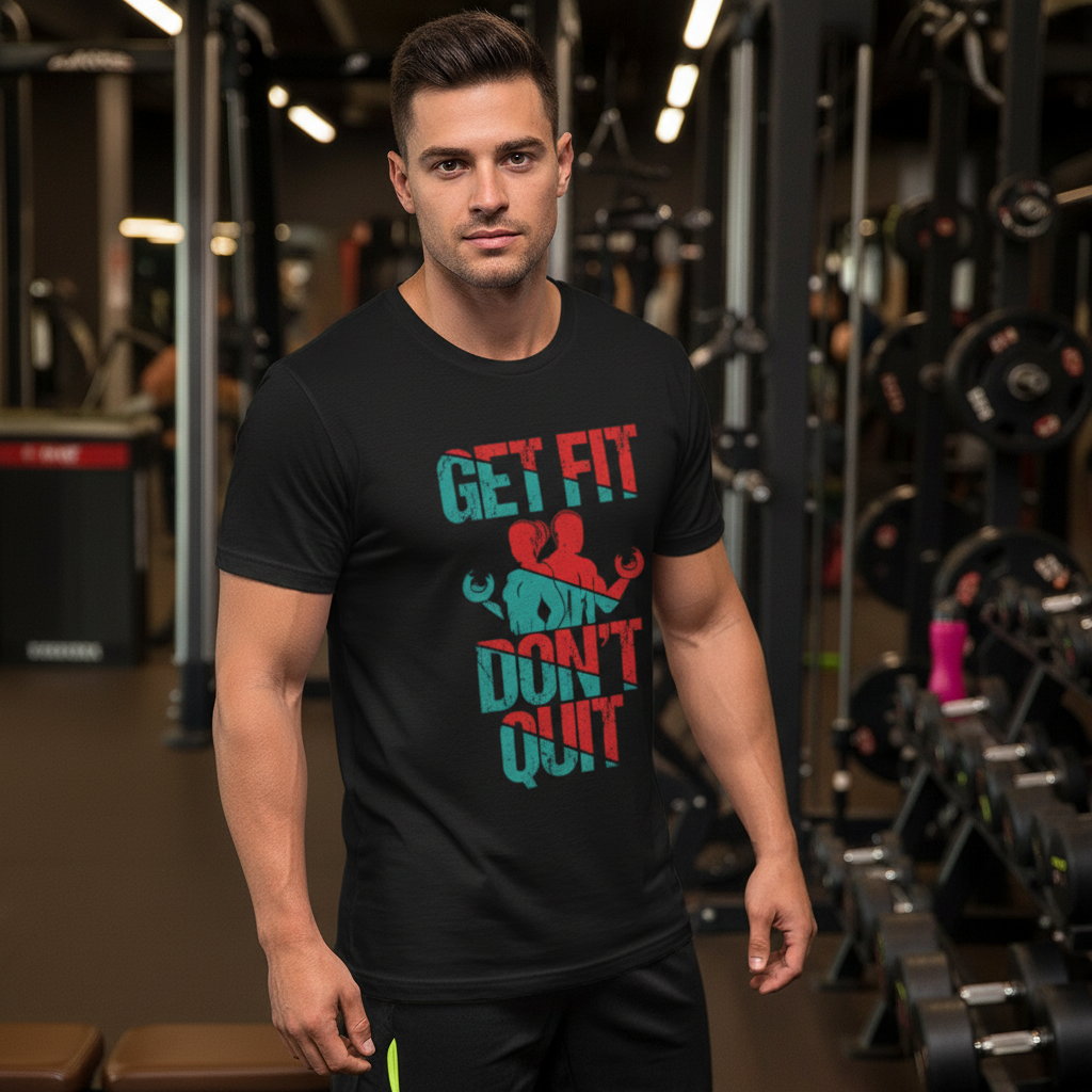 Get Fit Dont Quit Graphic Tee Unisex Workout Shirt With Distressed Red Teal Design